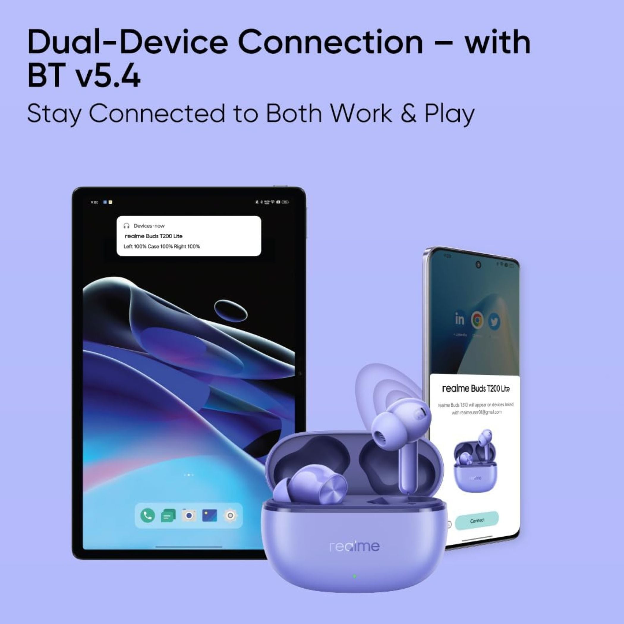 Realme Buds T200 Lite Bluetooth Earbuds, 48H Playback, AI ENC Noise Cancellation, Fast Charging, Gaming Mode, Google Fast Pair, IPX4 Water Resistant, with Mic – Aurora Purple