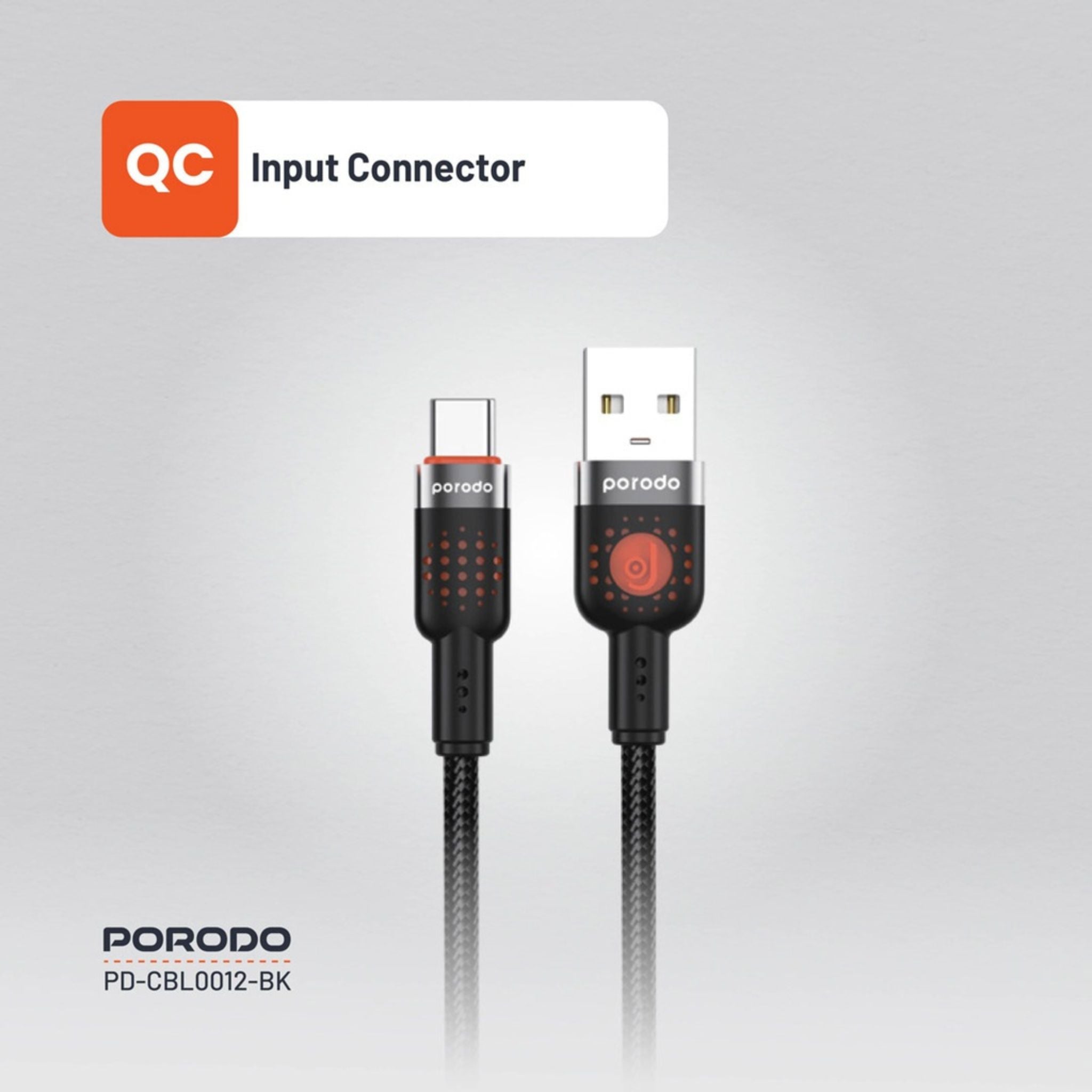 Porodo Braided USB-A to Type-C Cable with 480Mbps Transfer Speed, 1.2m Cable Length, More than 15,000 Bends Lifespan, Tangle-Free Design - Black