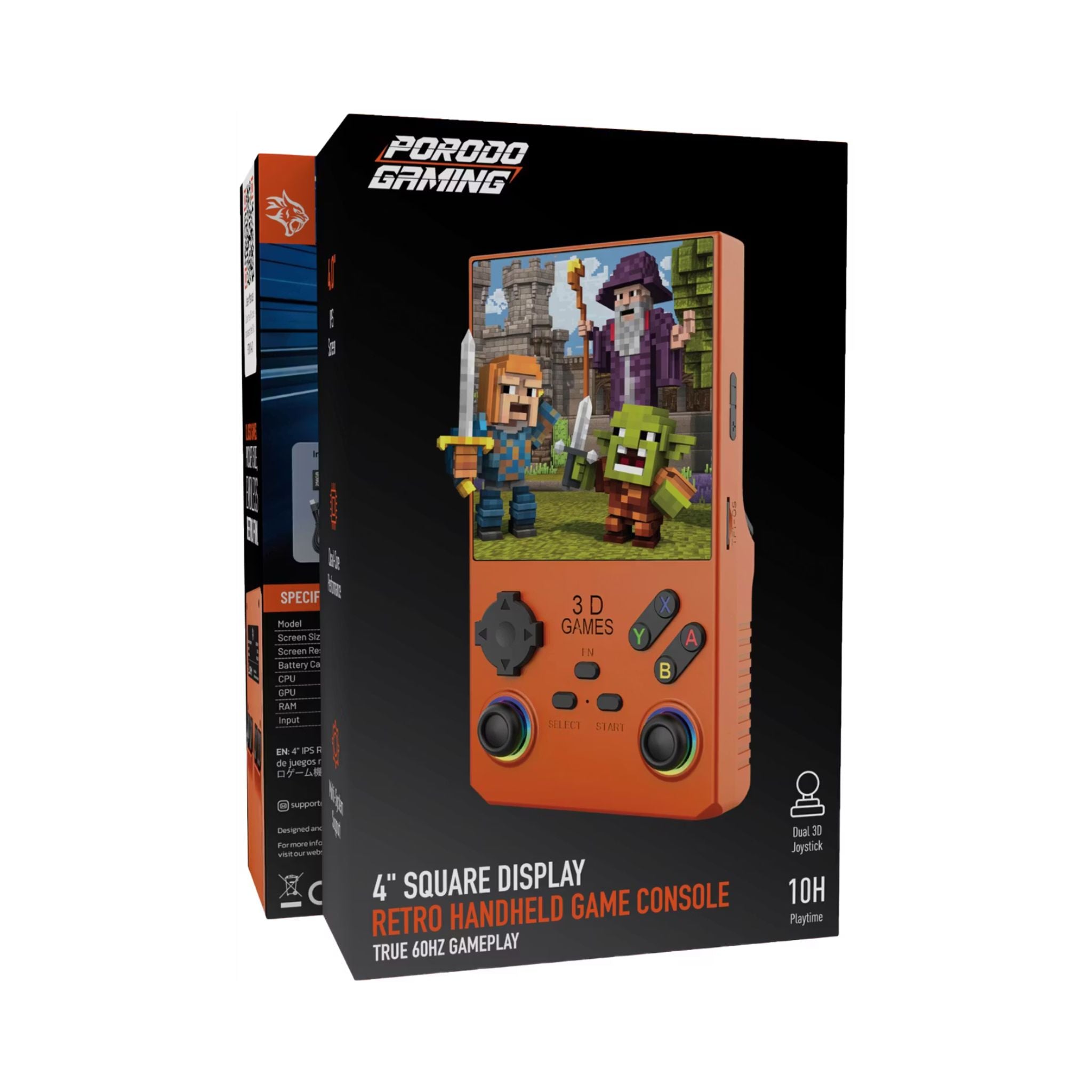 Porodo Gaming 4" Square Display Retro Handheld Game Console, 4000mAh Lithium Polymer Battery, 10 Hours Battery Life, 1GB RAM, Quad-Core Performance, Multi-System Support - Orange