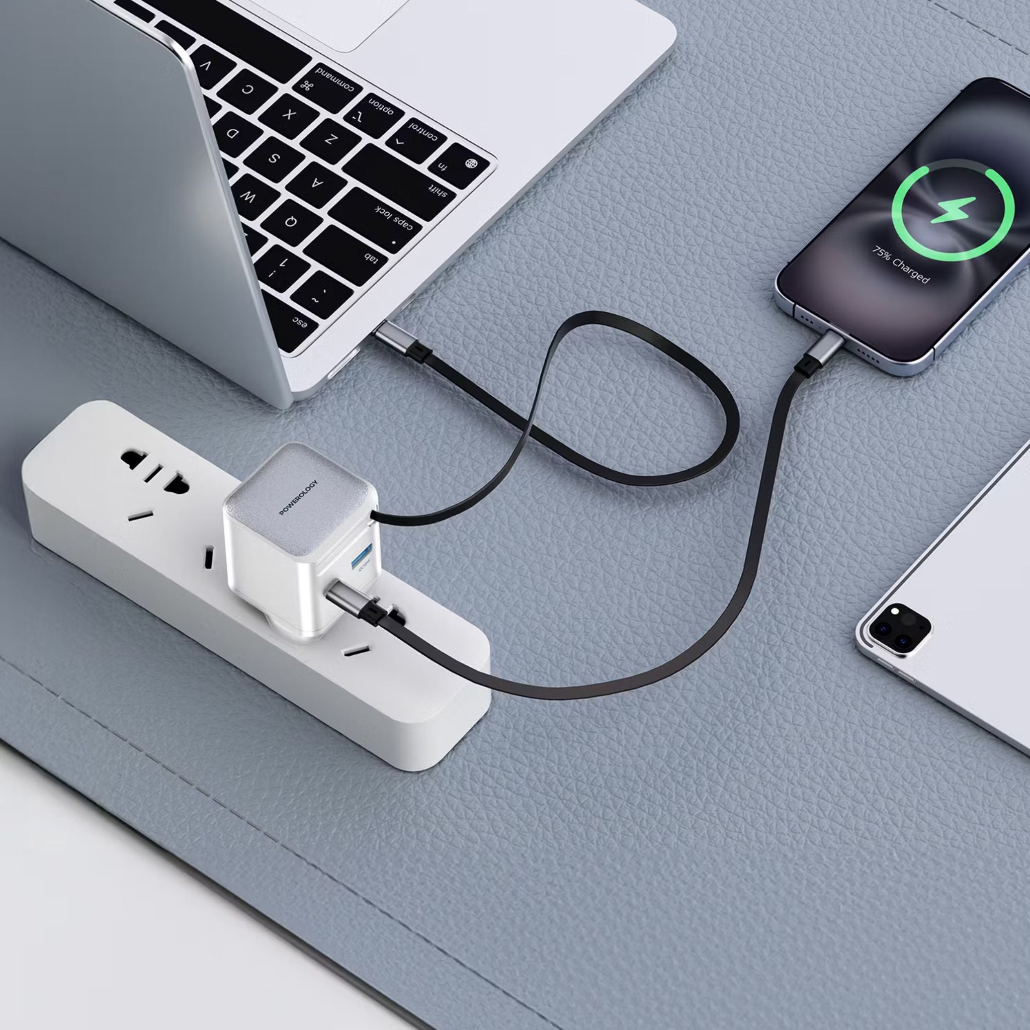 Powerology Dual Port Retractable GaN Charger, Built-in Safeguards, 3-Device Charging, 65W Power Delivery, Fire Proof Material, Patented Design, 75cm Retractable Type-C Cable - White