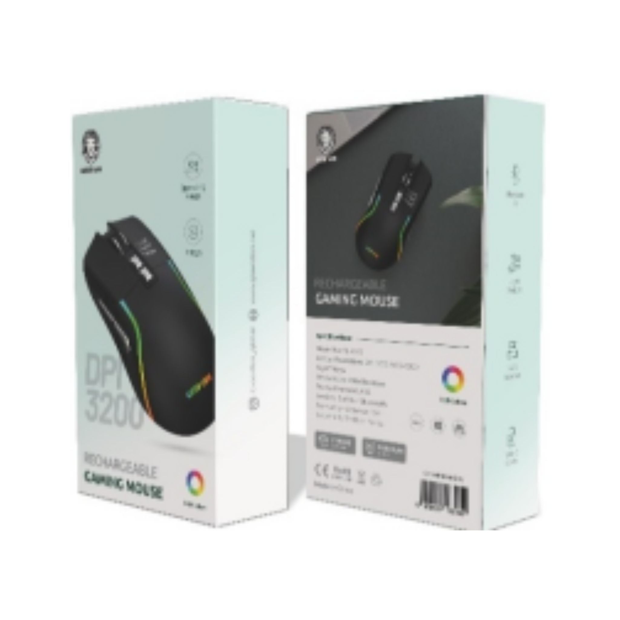 Green Lion Rechargeable Gaming Mouse with RGB Lights, Adjustable DPI, ABS Material, 10m Operating Range, 7 Keys, 2.4GHz Interface, Lightweight - Black