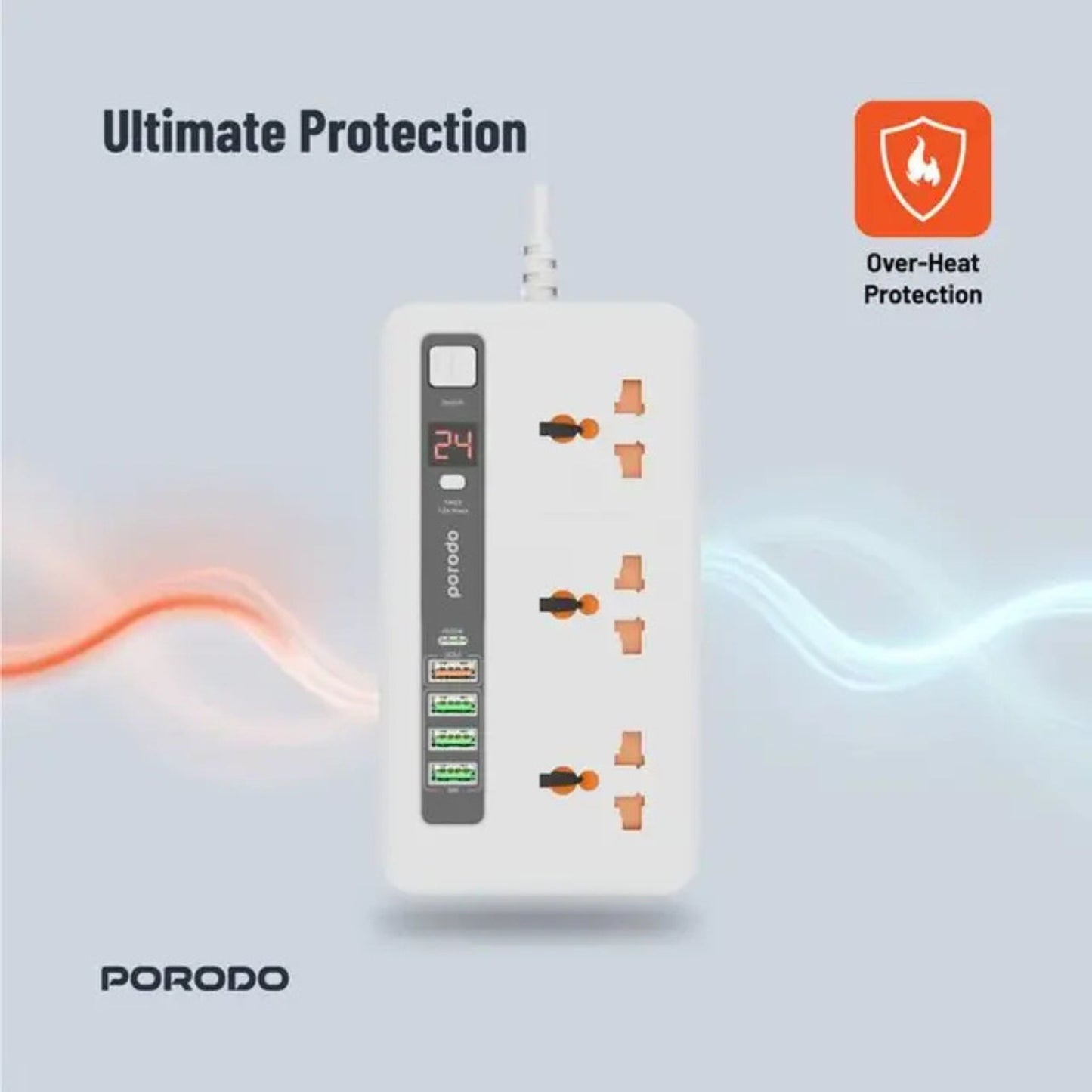 Porodo Multi-Port Power HUB with Power Button & Timer, Over-Heat Protection, 4 USB-A, 1 USB-C, 2m Power Cord - White