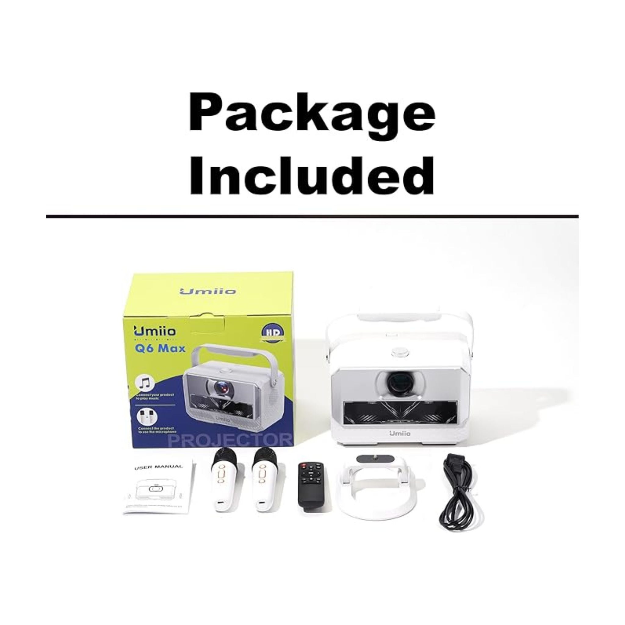 Umiio Q6 Max Smart Android Projector with Wireless Dual Karaoke Mic 4K and 1080*720P Support 200" Display Wi-Fi/Bluetooth HDMI/USB – White