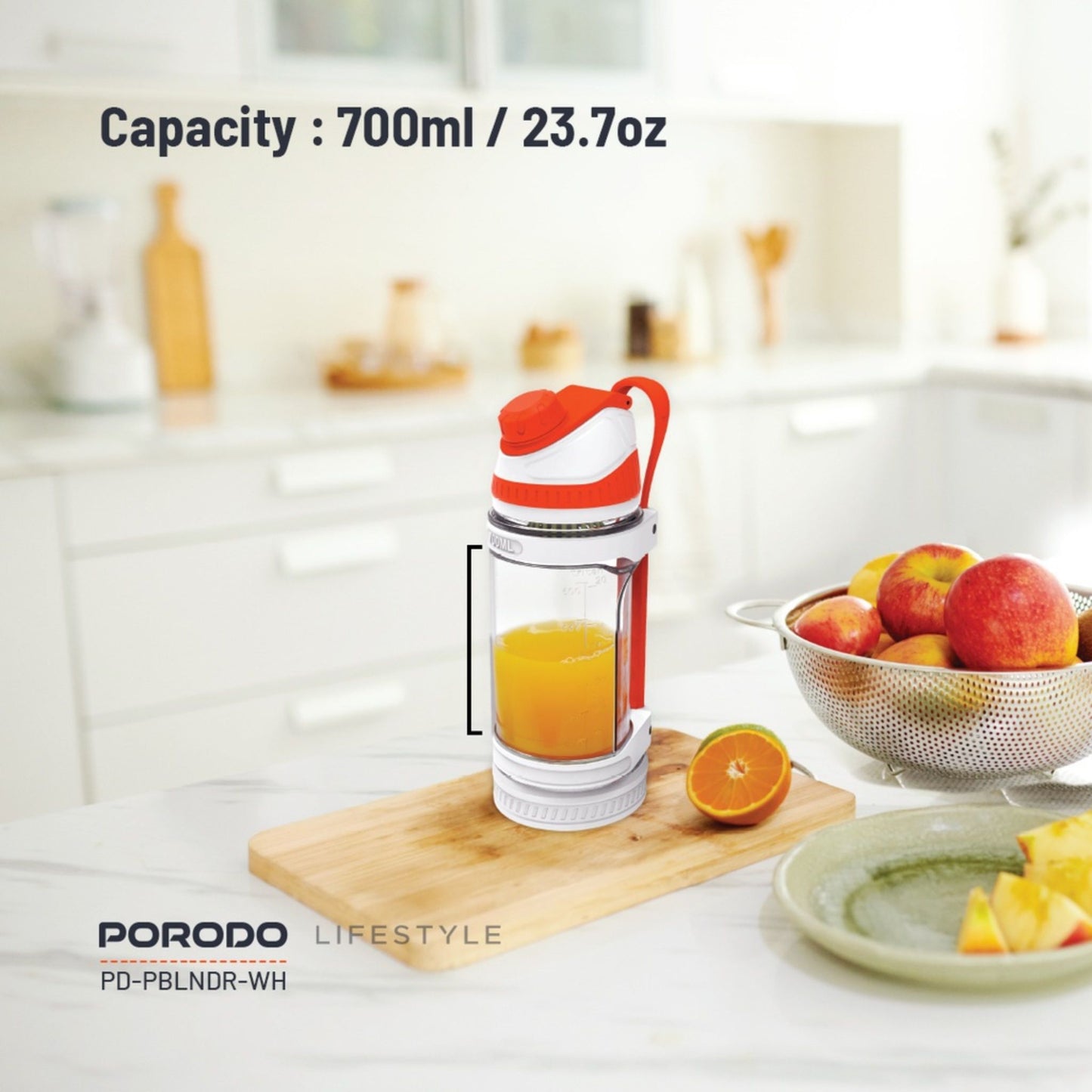 Porodo 240W 6 Blade Portable Blender 700ml with Functional Design, Powerful Motor Ice Crusher, Blending Time 30 Seconds/Cycle, Innovative Rotation Technology - White