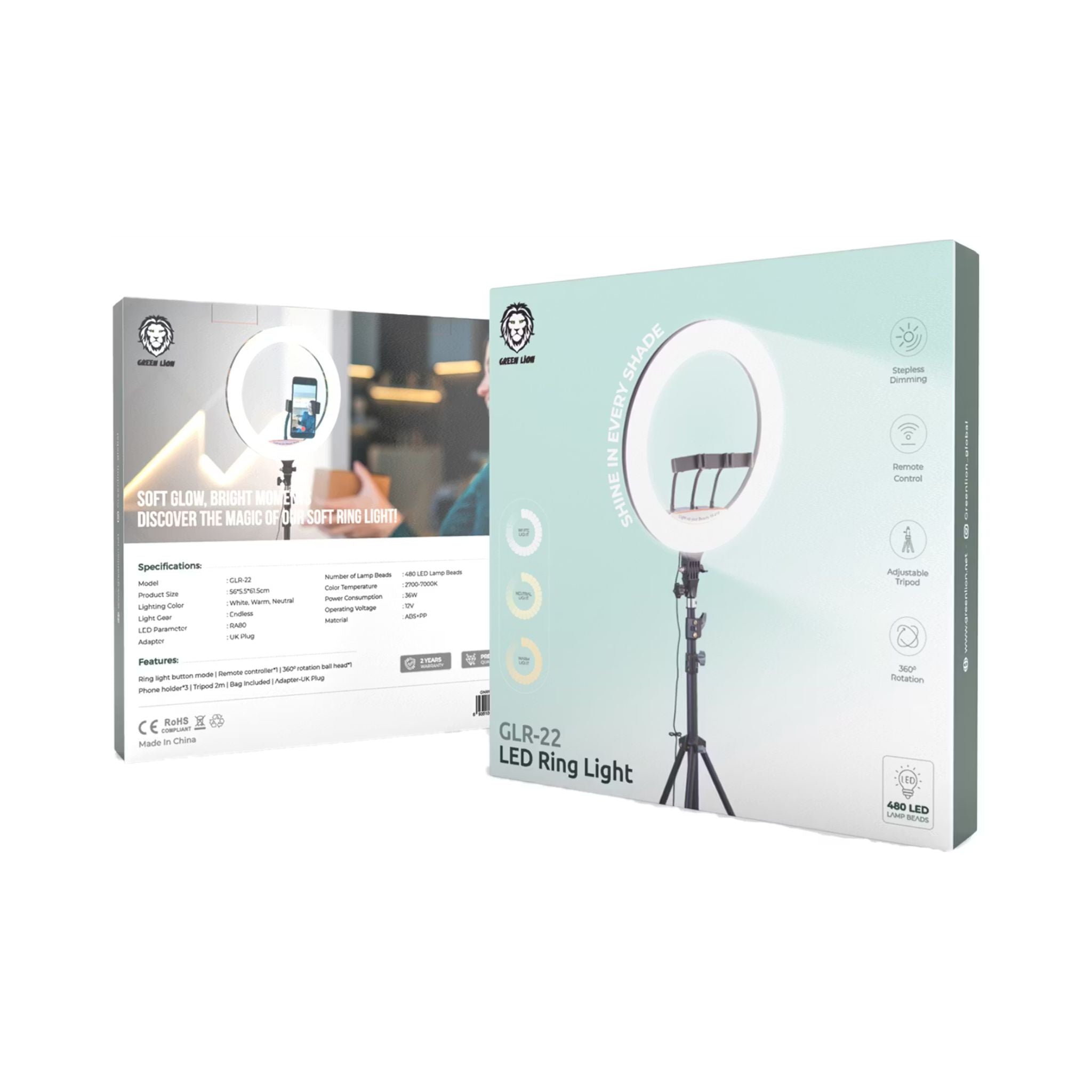 Green Lion GLR-22 LED Ring Light with Remote Control, Stepless Dimming, 360° Rotation, Adjustable Tripod, 480 LED Lamp Beads, Endless Light Gear - Black
