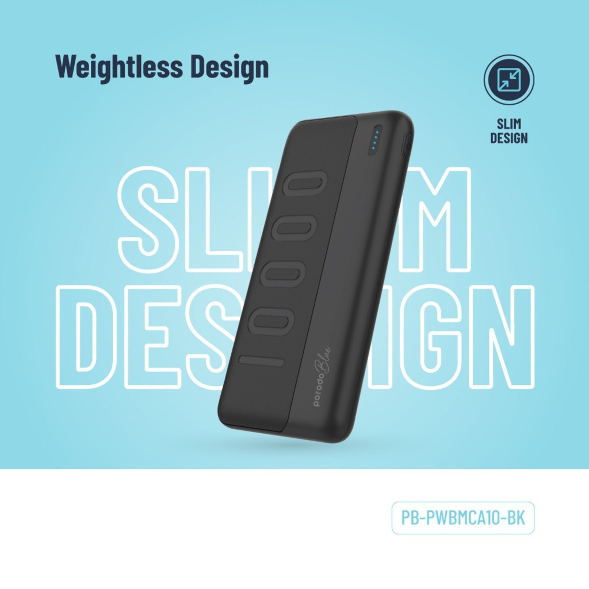 Porodo Blue 10000mAh Slim Power Bank with Dual USB-A Output, Lightweight & Compact Design, Type-C Input, LED Indicator - Black