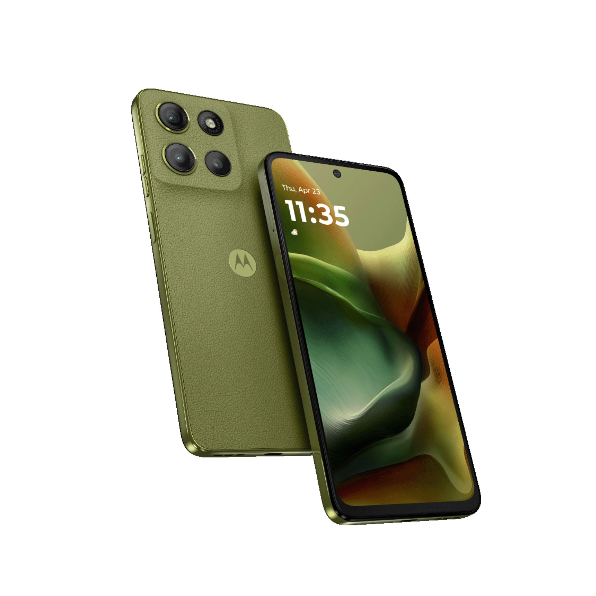 Green smartphone showing front and back on a white background