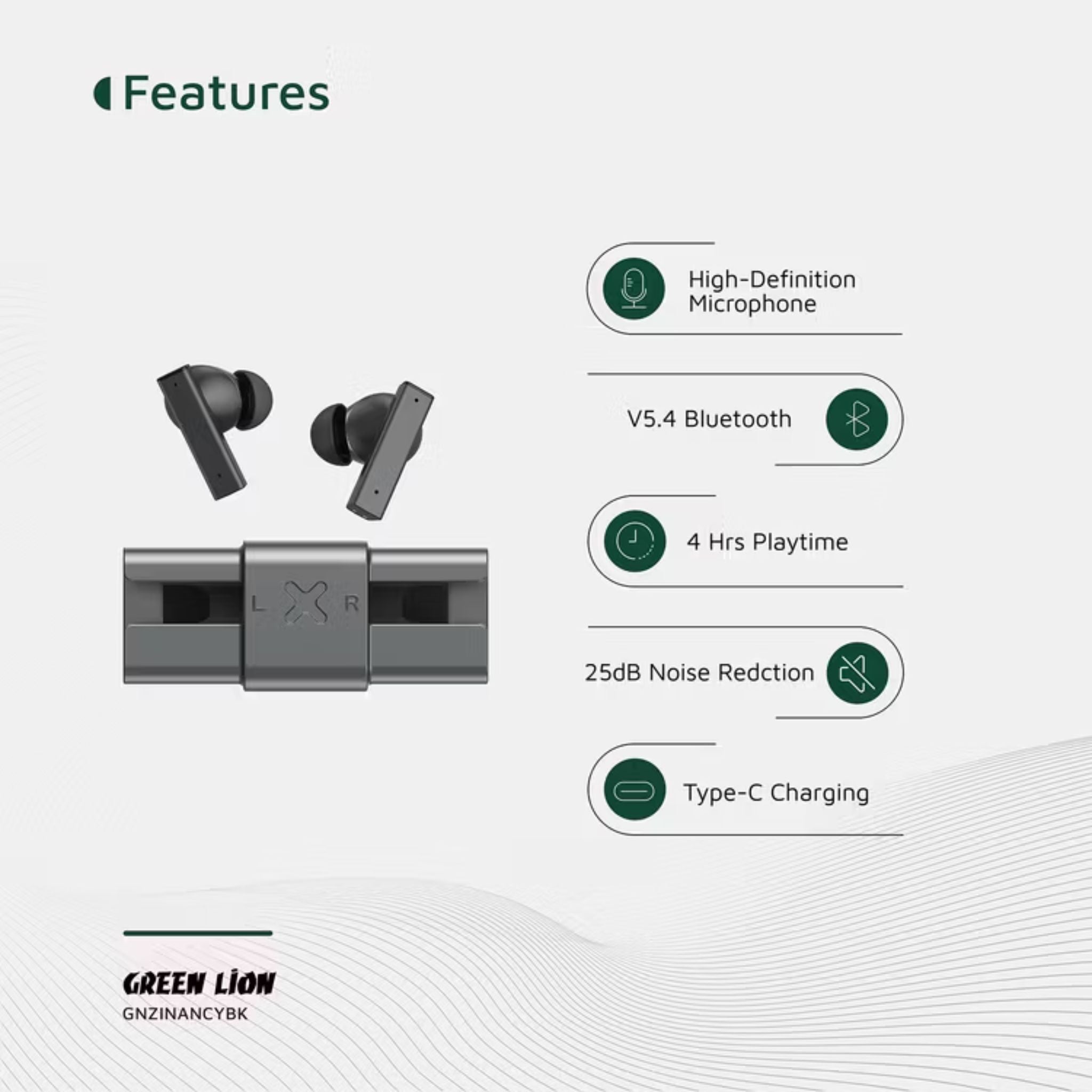Green Lion ZINC Y Metal Earbuds TWS with ANC, Aluminum Alloy Case, High-Definition Microphone, 25dB Noise Reduction, 10 Meters Transmission Range - Black