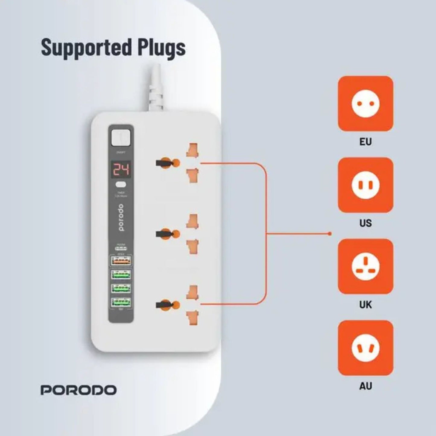 Porodo Multi-Port Power HUB with Power Button & Timer, Over-Heat Protection, 4 USB-A, 1 USB-C, 2m Power Cord - White