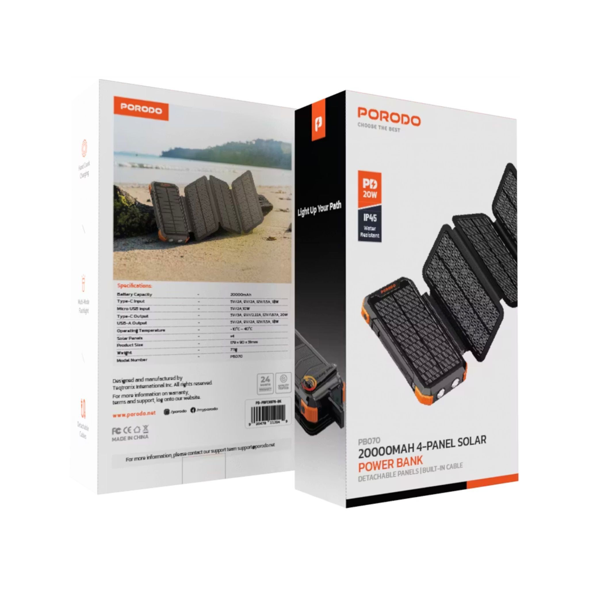 Porodo 20000mAh 4-Panel Solar Power Bank with 20W Power Delivery, Multi-Mode Flashlight, 10W Micro USB Input, Detachable Panels & Cables, - Black