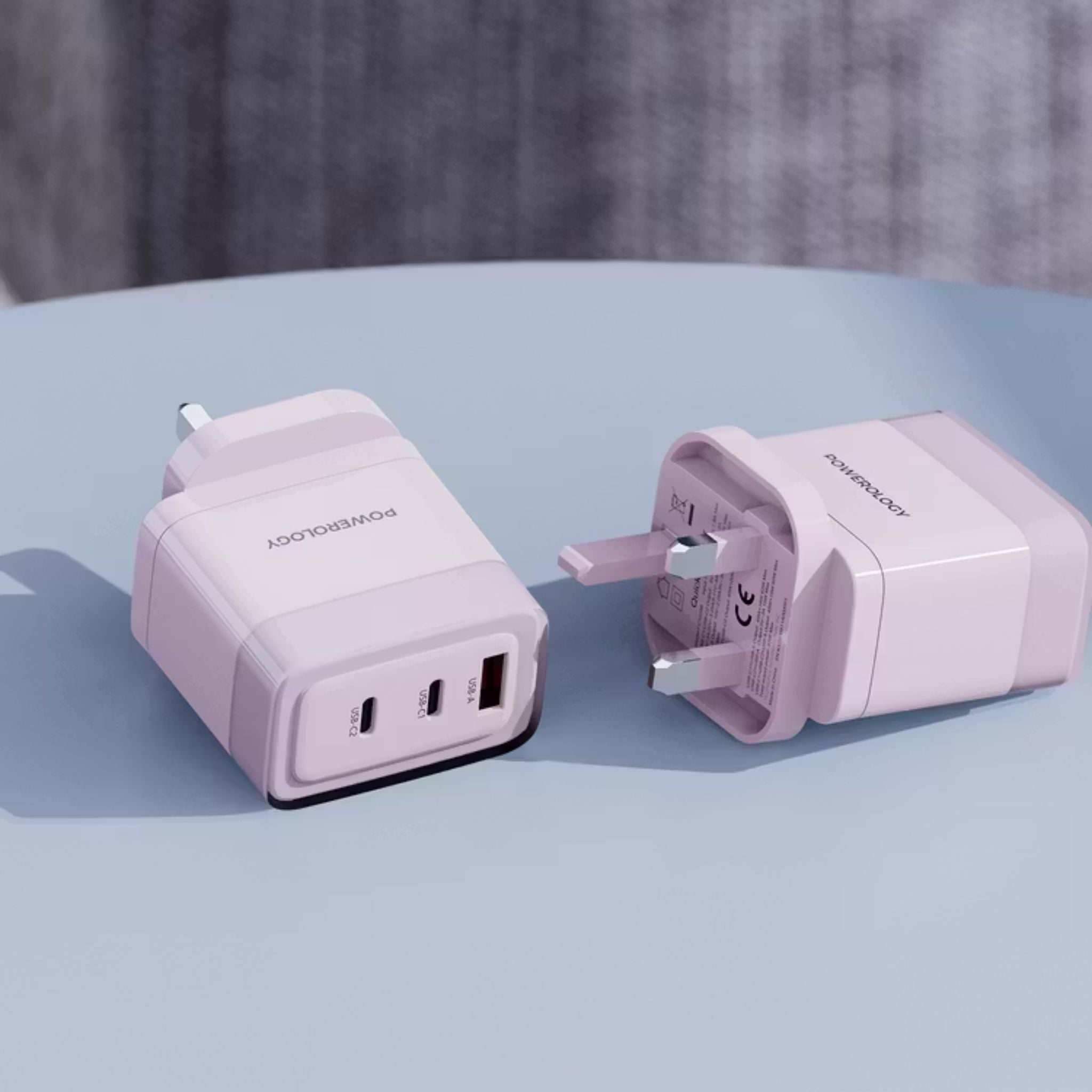 Powerology Lunex Series 3-Port Fast Charging Adapter with UK 3-Pin Power Plug, 65W PD USB-C Output, 22.5W QC USB-A Output, Multi-Device Charging, Powerful Laptop Charging, Universal Protocol Support - Pink