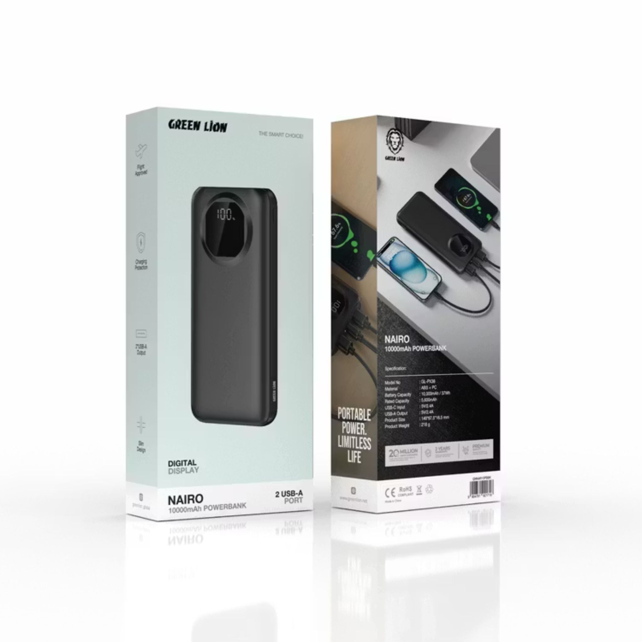 Green Lion Nairo 10000mAh Power Bank with USB-C & Dual USB-A Ports, ABS & PC Material, Flight Approved, Slim &Portable Design, 5600mAh Rated Capacity, Charging Protection, Digital Display - Black