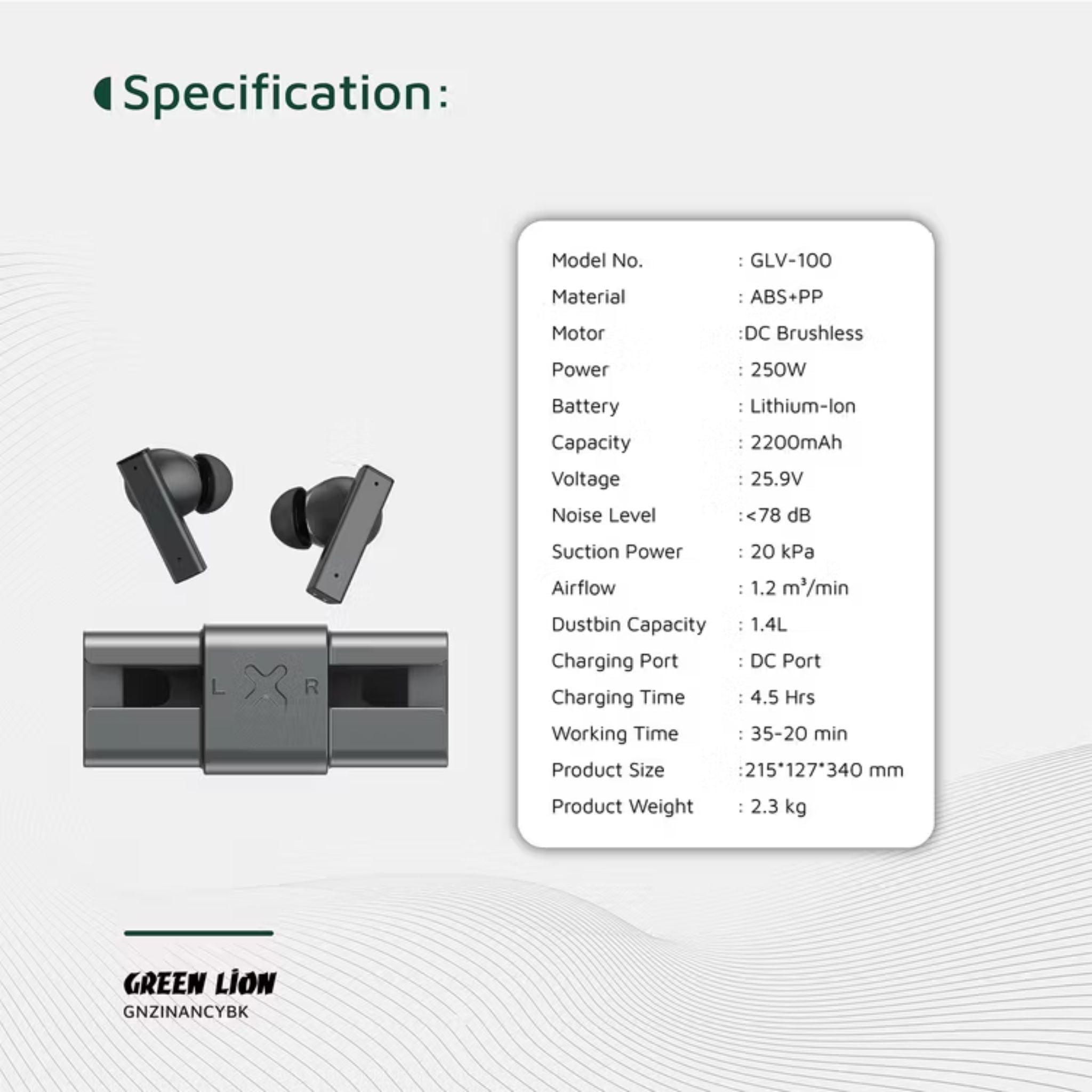 Green Lion ZINC Y Metal Earbuds TWS with ANC, Aluminum Alloy Case, High-Definition Microphone, 25dB Noise Reduction, 10 Meters Transmission Range - Black