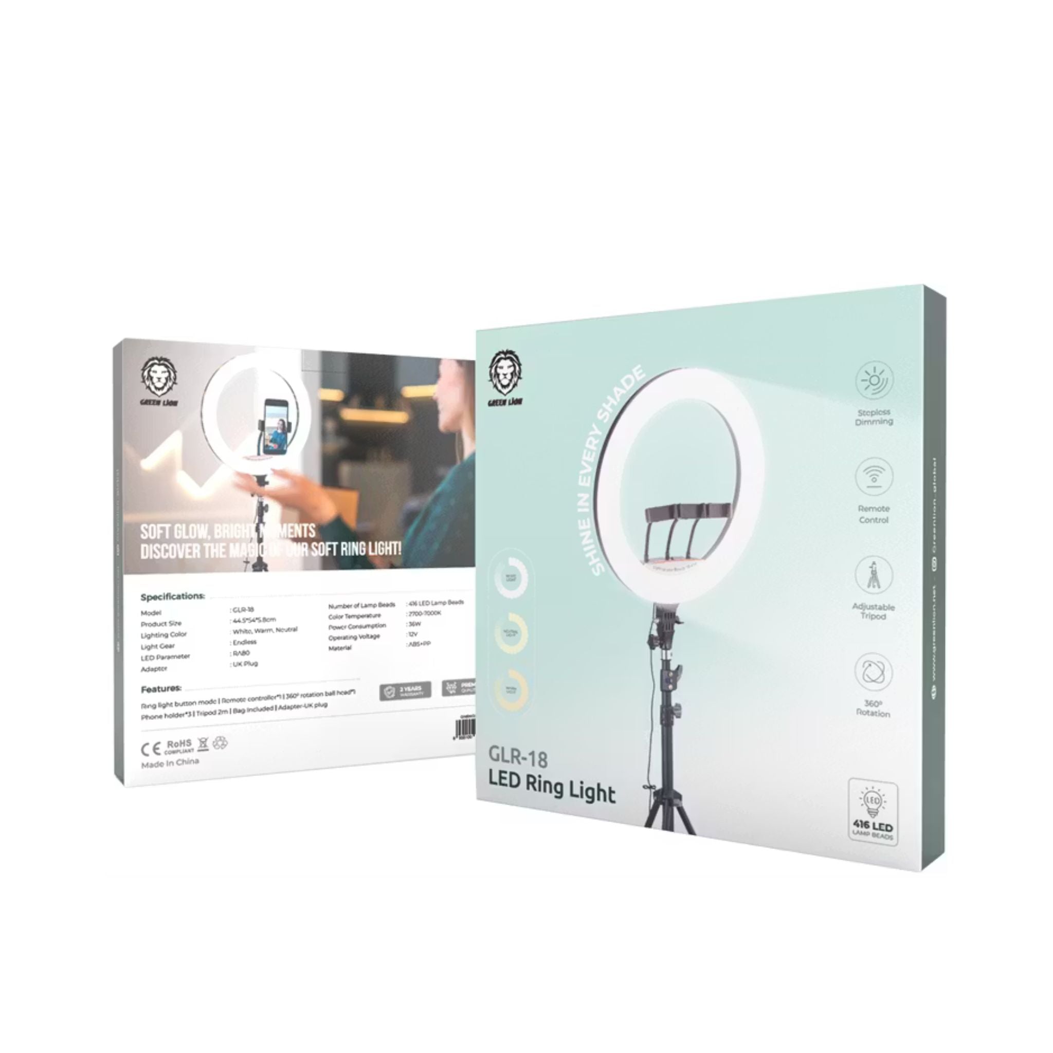 Green Lion GLR-18 LED Ring Light with 416 LED Lamp Beads, 36W Power Consumption, White, Warm & Neutral Lights, Adjustable Tripod, 360° Rotation, Remote Control - Black