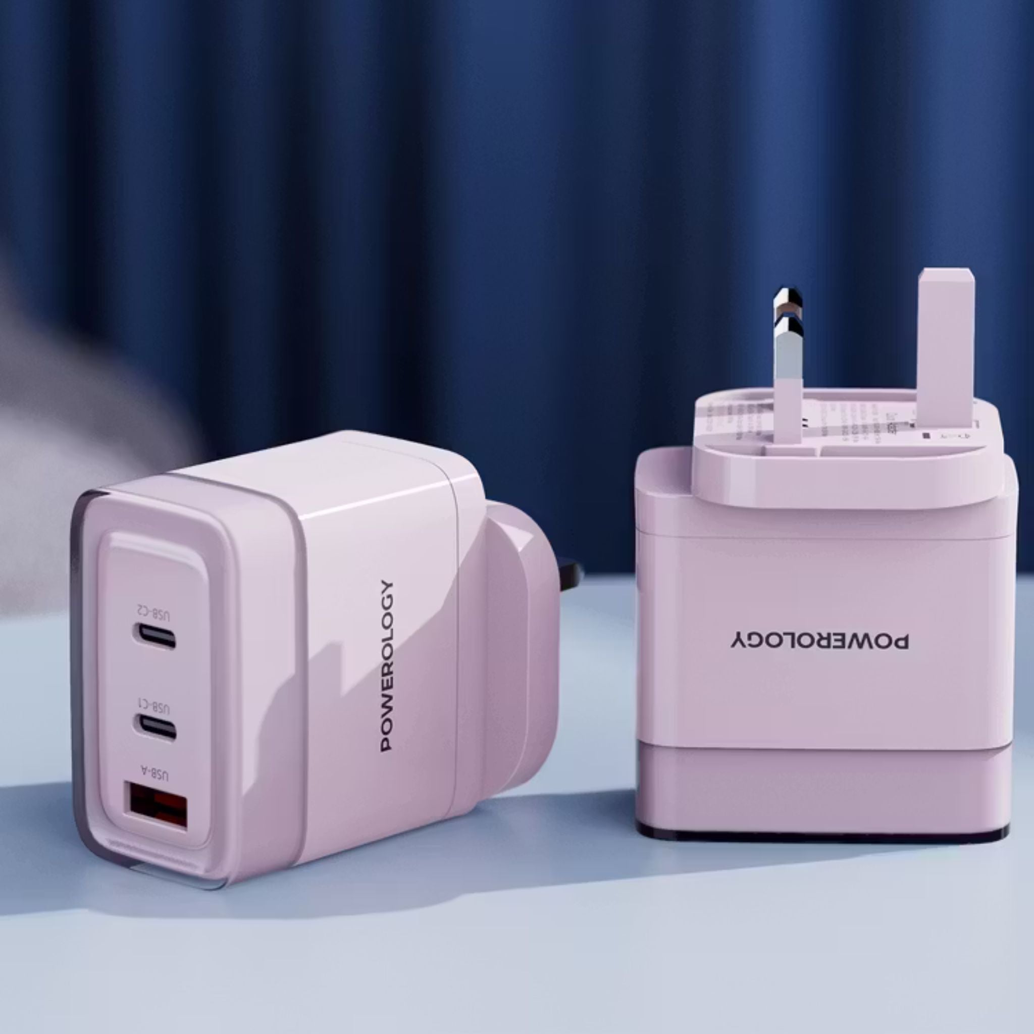 Powerology Lunex Series 3-Port Fast Charging Adapter with UK 3-Pin Power Plug, 65W PD USB-C Output, 22.5W QC USB-A Output, Multi-Device Charging, Powerful Laptop Charging, Universal Protocol Support - Pink