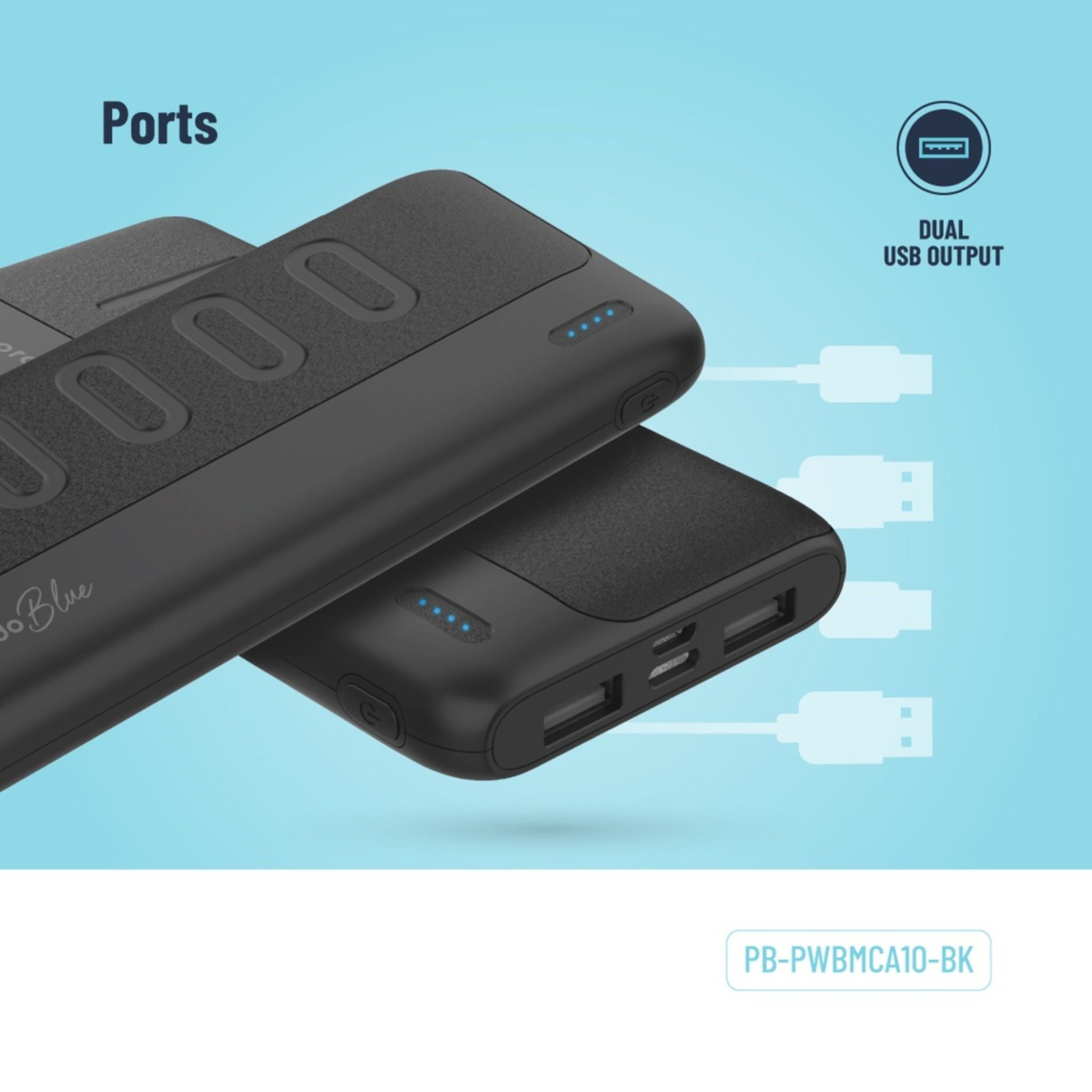 Porodo Blue 10000mAh Slim Power Bank with Dual USB-A Output, Lightweight & Compact Design, Type-C Input, LED Indicator - Black