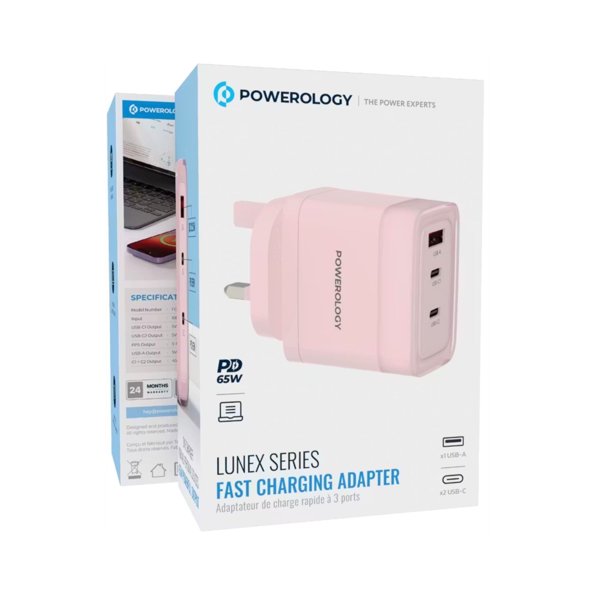 Powerology Lunex Series 3-Port Fast Charging Adapter with UK 3-Pin Power Plug, 65W PD USB-C Output, 22.5W QC USB-A Output, Multi-Device Charging, Powerful Laptop Charging, Universal Protocol Support - Pink