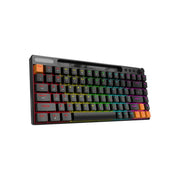 A black Porodo mechanical gaming keyboard with multicolor backlighting, featuring 84 keys, including Arabic characters, a volume/mute knob, and a USB cable.