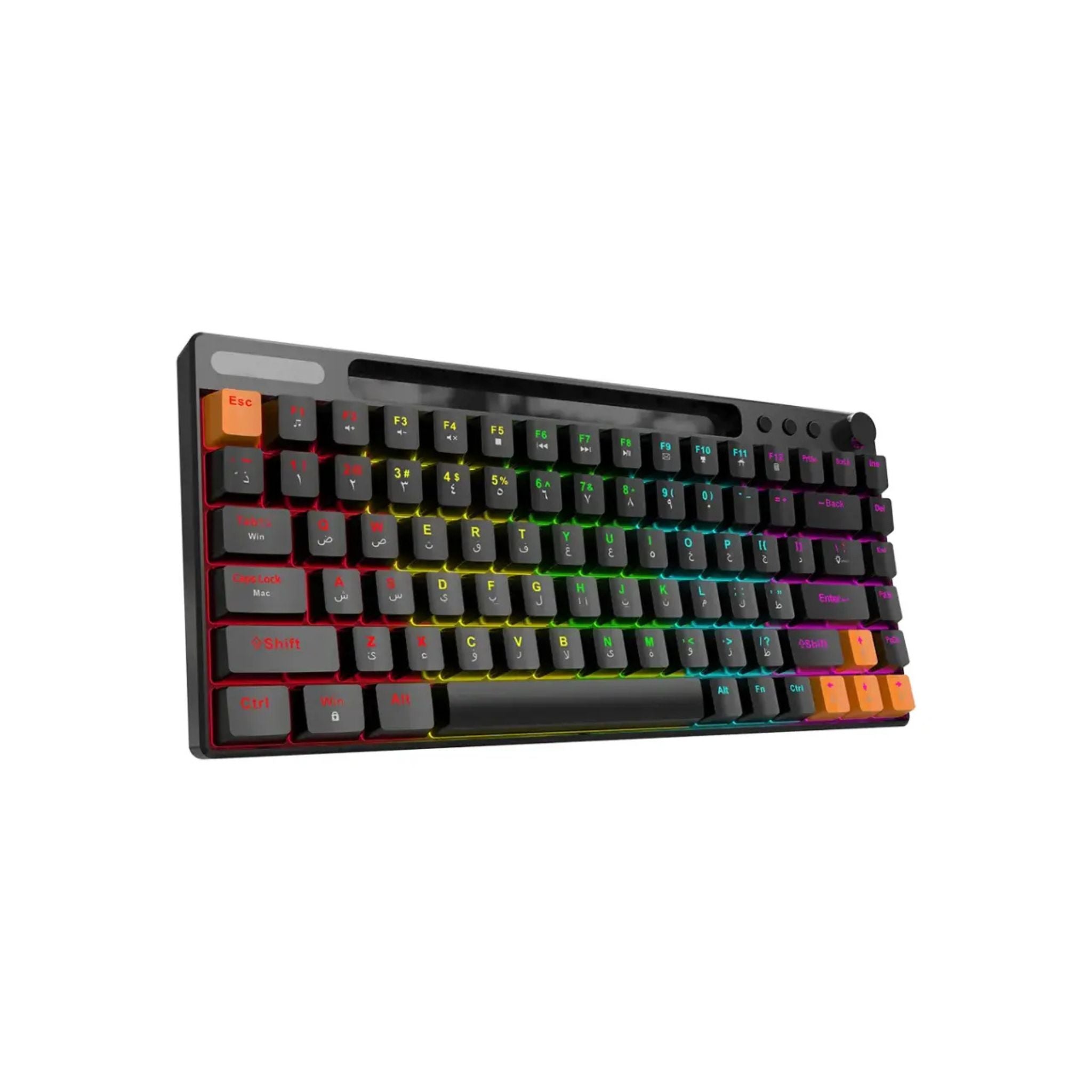 A black Porodo mechanical gaming keyboard with multicolor backlighting, featuring 84 keys, including Arabic characters, a volume/mute knob, and a USB cable.