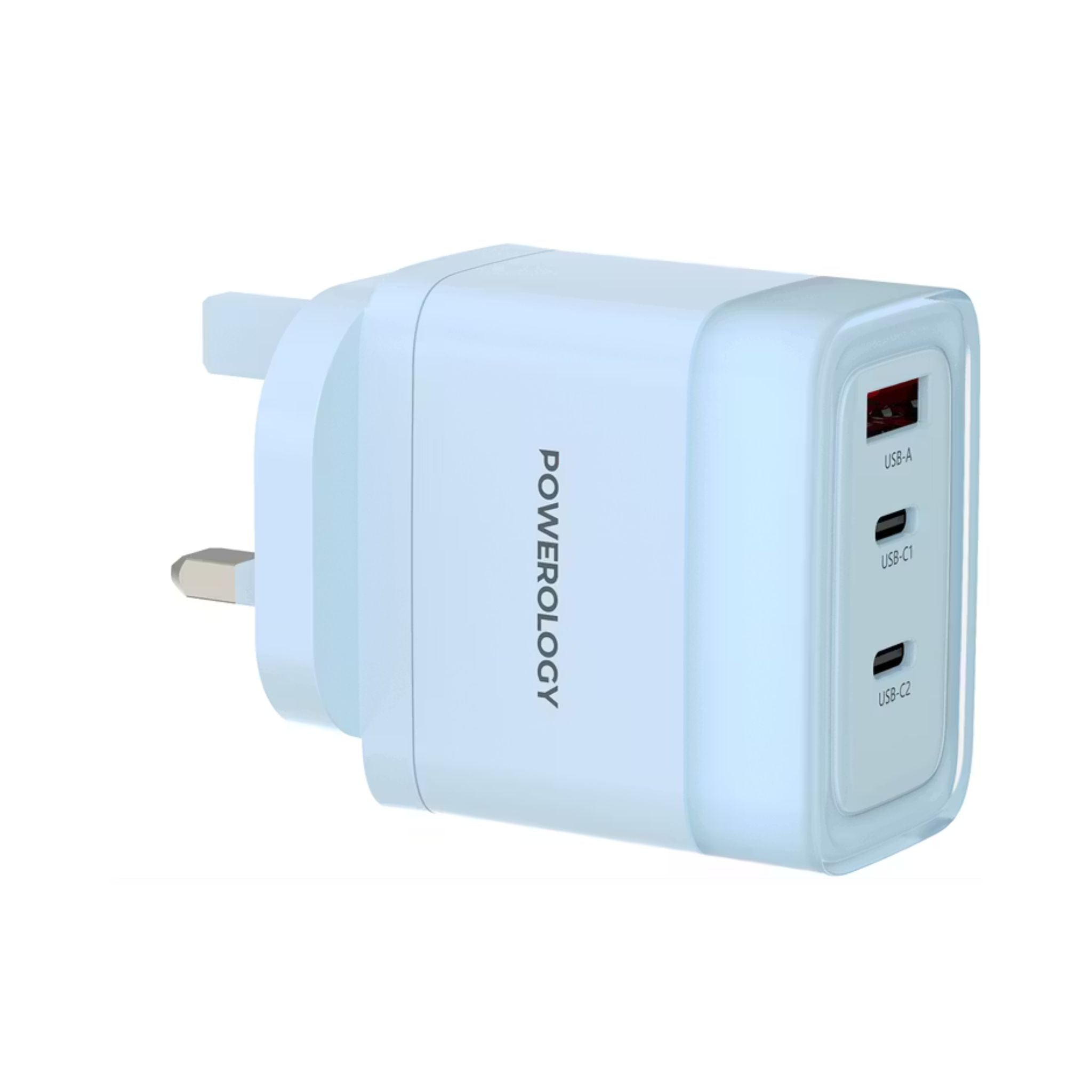 Powerology Lunex Series 3-Port Fast Charging Adapter with UK 3-Pin Power Plug, 65W PD USB-C Output, 22.5W QC USB-A Output, Multi-Device Charging, Powerful Laptop Charging, Universal Protocol Support - Blue