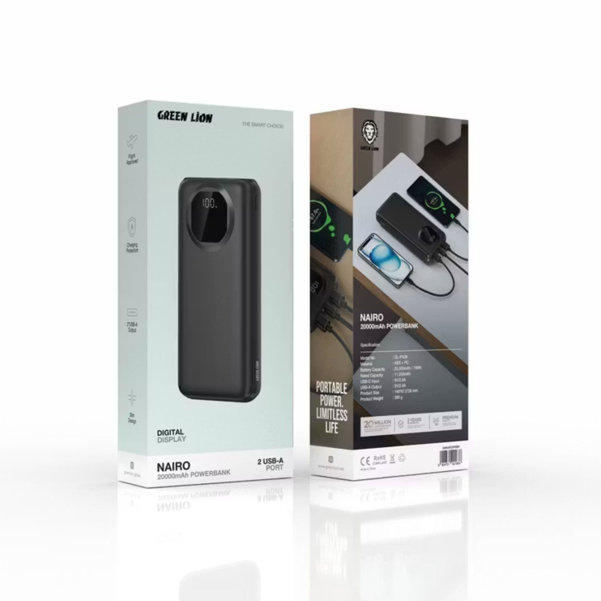 Green Lion Nairo 20000mAh Power Bank with USB-C & Dual USB-A Ports, ABS & PC Material, Flight Approved, Slim &Portable Design, 11200mAh Rated Capacity, Charging Protection, Digital Display - Black