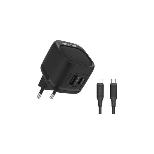 Green Lion PD20W+QC Wall Charger With USB-C To USB-C Cable 1M EU, Charging Protection - Black