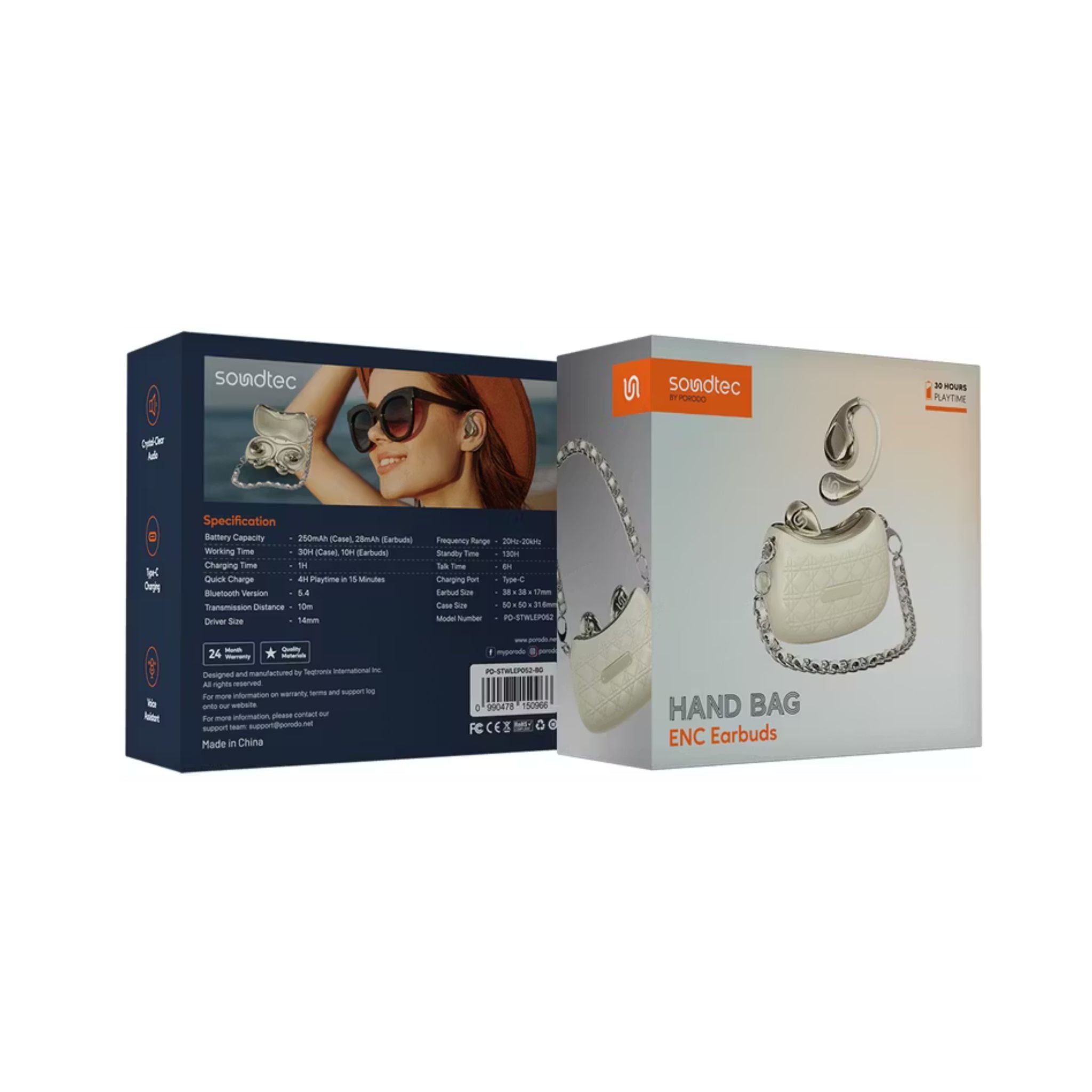 Porodo Soundtec Hand Bag ENC Earbuds with Voice Assistant, Up to 30 Hours Play Time, Fast Charge, 10m Transmission Distance, Up to 6 Hours Talk Time, Crystal-Clear Audio, Type-C Charging Port, 130 Hours Standby Time, 14mm Driver Size