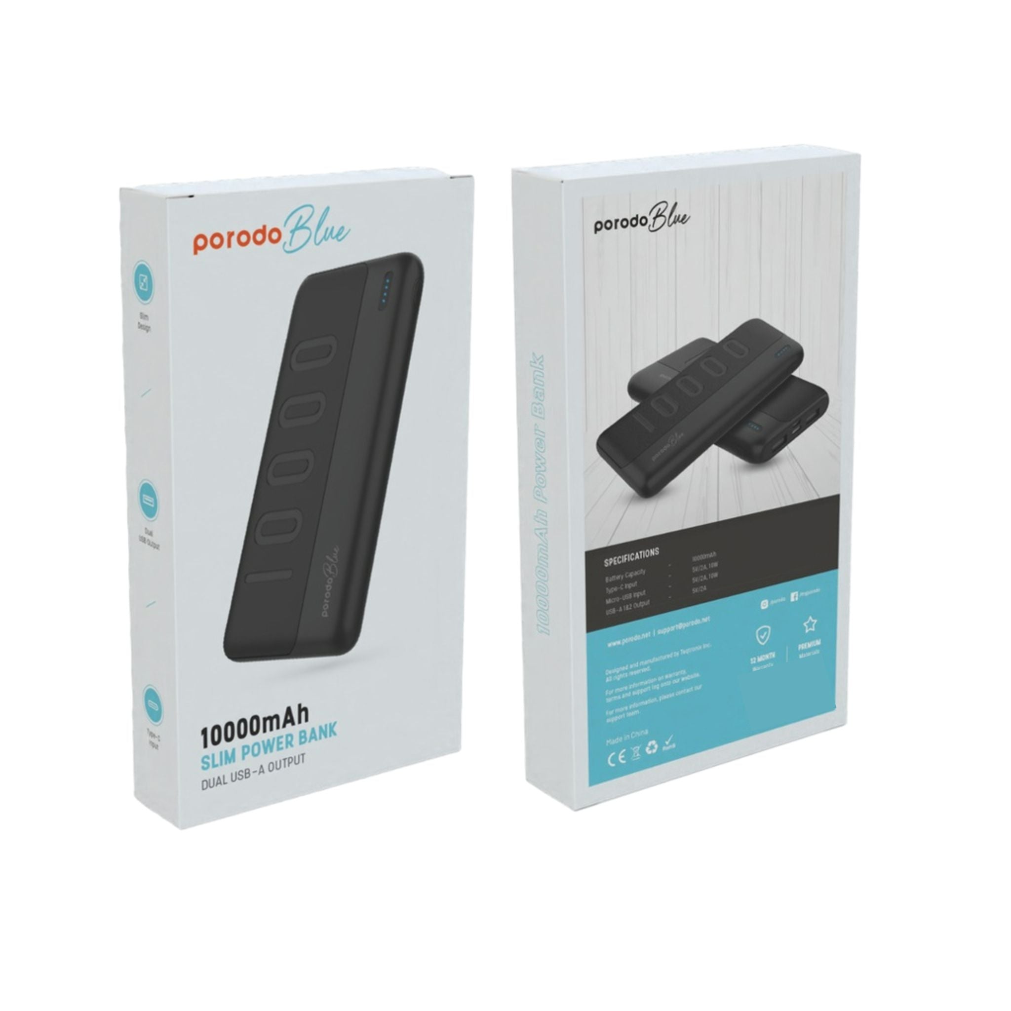 Porodo Blue 10000mAh Slim Power Bank with Dual USB-A Output, Lightweight & Compact Design, Type-C Input, LED Indicator - Black