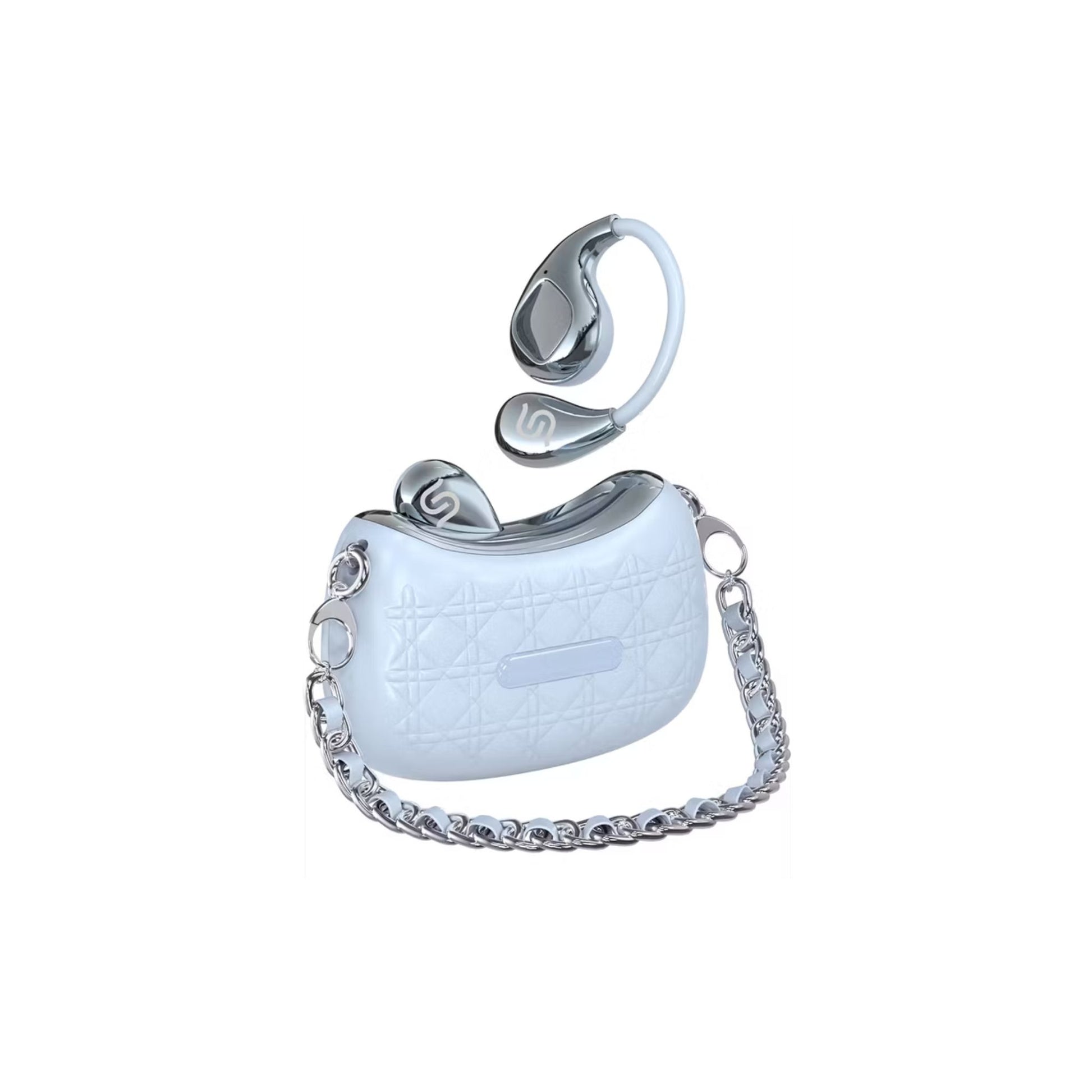 White crocodile-patterned handbag with a chain detail on a white background