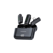 Porodo lavalier double microphone with charging case, displayed with microphones in black color resting inside the case, showing a digital battery percentage readout.