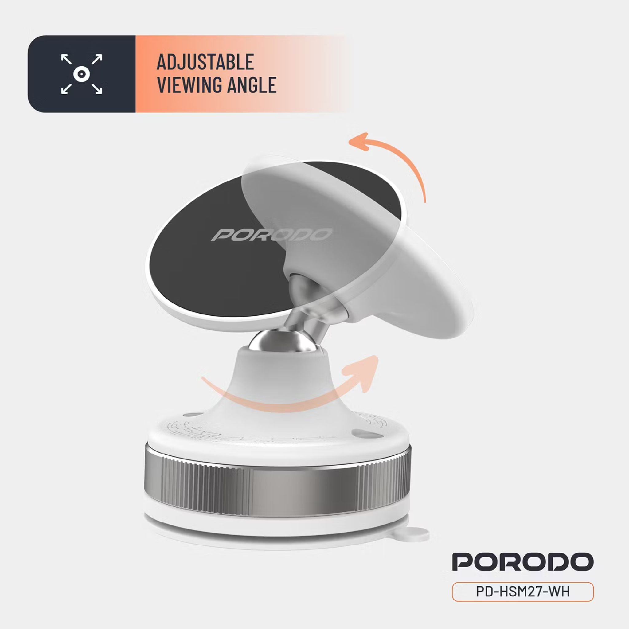 Porodo Vacuseal Smart Suction Magnetic Phone Mount with Adjustable Viewing Angle, N52 Magnets, 5.5" to 6.9" Device Compatibility, Strong Suction - White