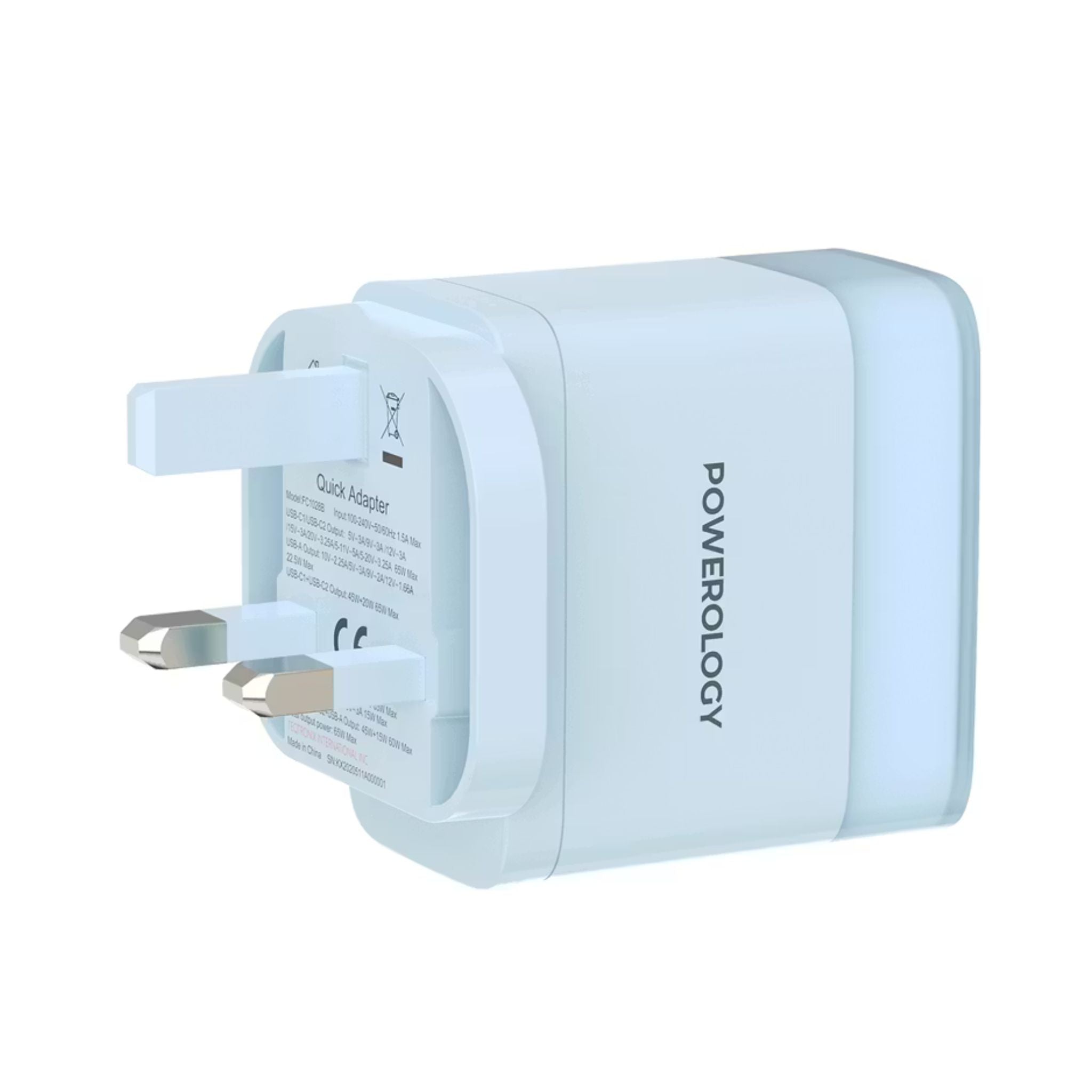 Powerology Lunex Series 3-Port Fast Charging Adapter with UK 3-Pin Power Plug, 65W PD USB-C Output, 22.5W QC USB-A Output, Multi-Device Charging, Powerful Laptop Charging, Universal Protocol Support - Blue