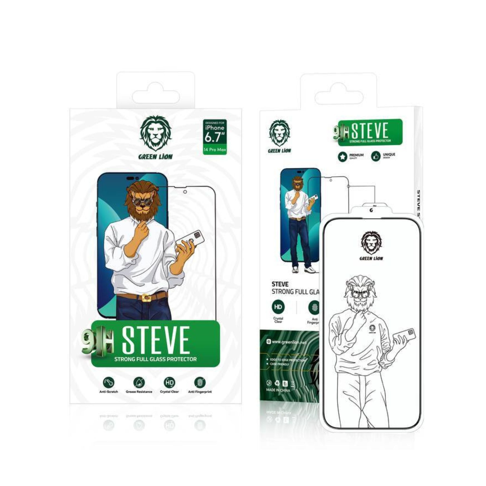 Green Lion 9H Steve HD Glass Protector for iPhone 14 Pro Max, Anti Scratch & Anti-Finger Print, Highly Responsive, Grease Resistance, Bubble Free - Clear