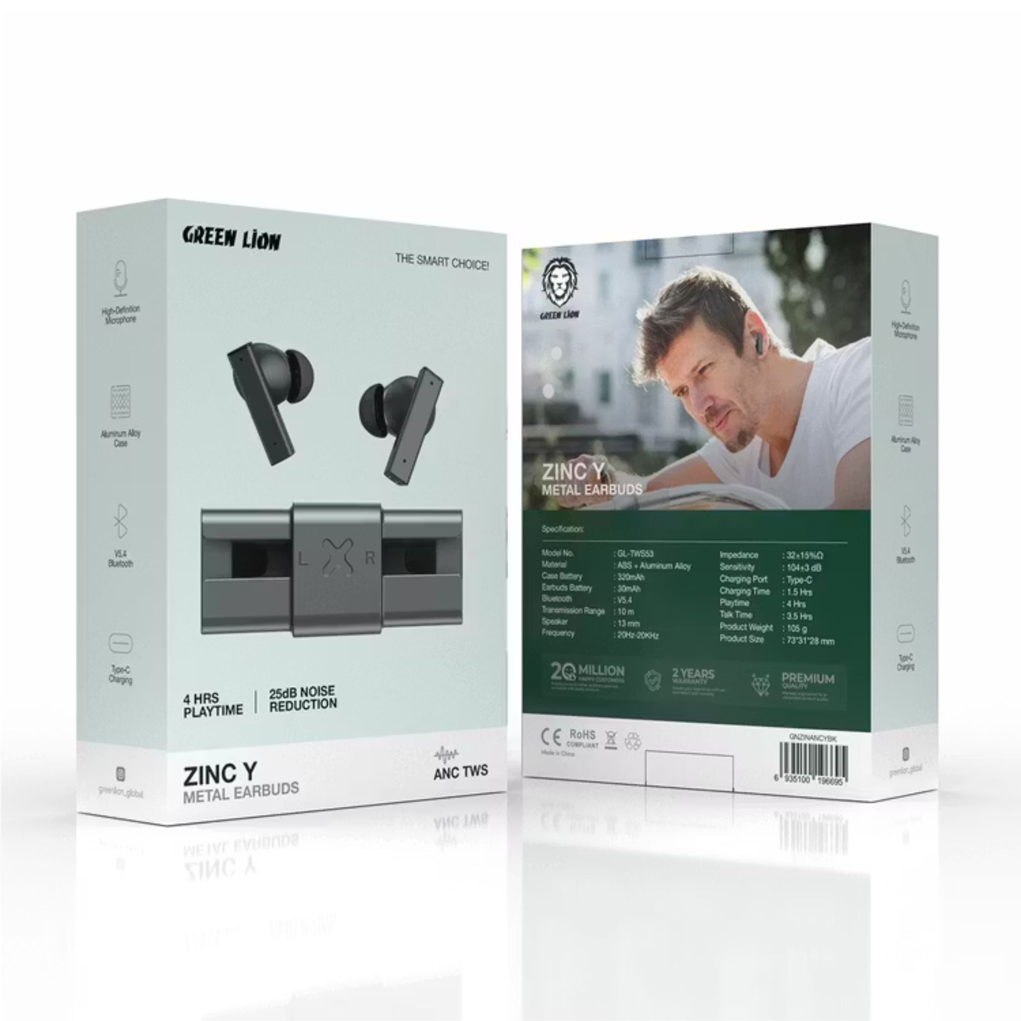 Green Lion ZINC Y Metal Earbuds TWS with ANC, Aluminum Alloy Case, High-Definition Microphone, 25dB Noise Reduction, 10 Meters Transmission Range - Black