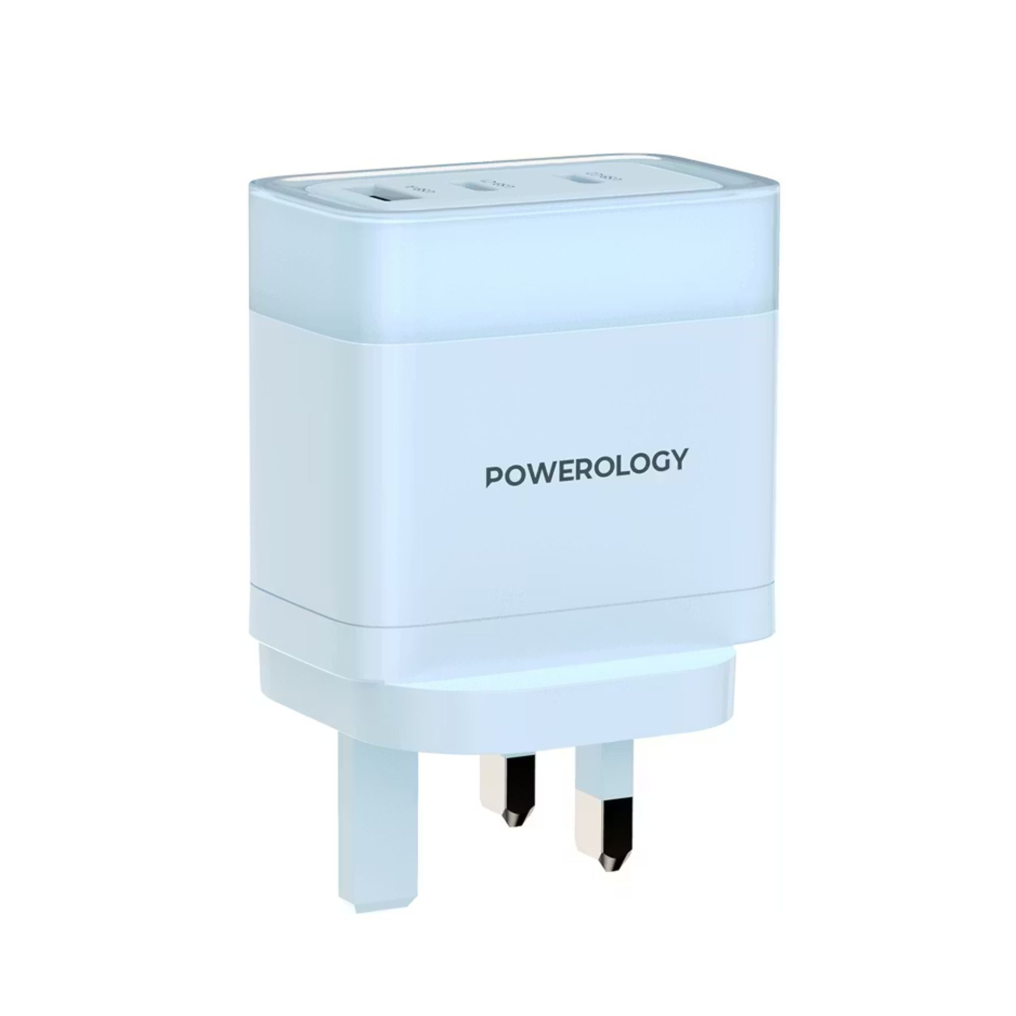 Powerology Lunex Series 3-Port Fast Charging Adapter with UK 3-Pin Power Plug, 65W PD USB-C Output, 22.5W QC USB-A Output, Multi-Device Charging, Powerful Laptop Charging, Universal Protocol Support - Blue