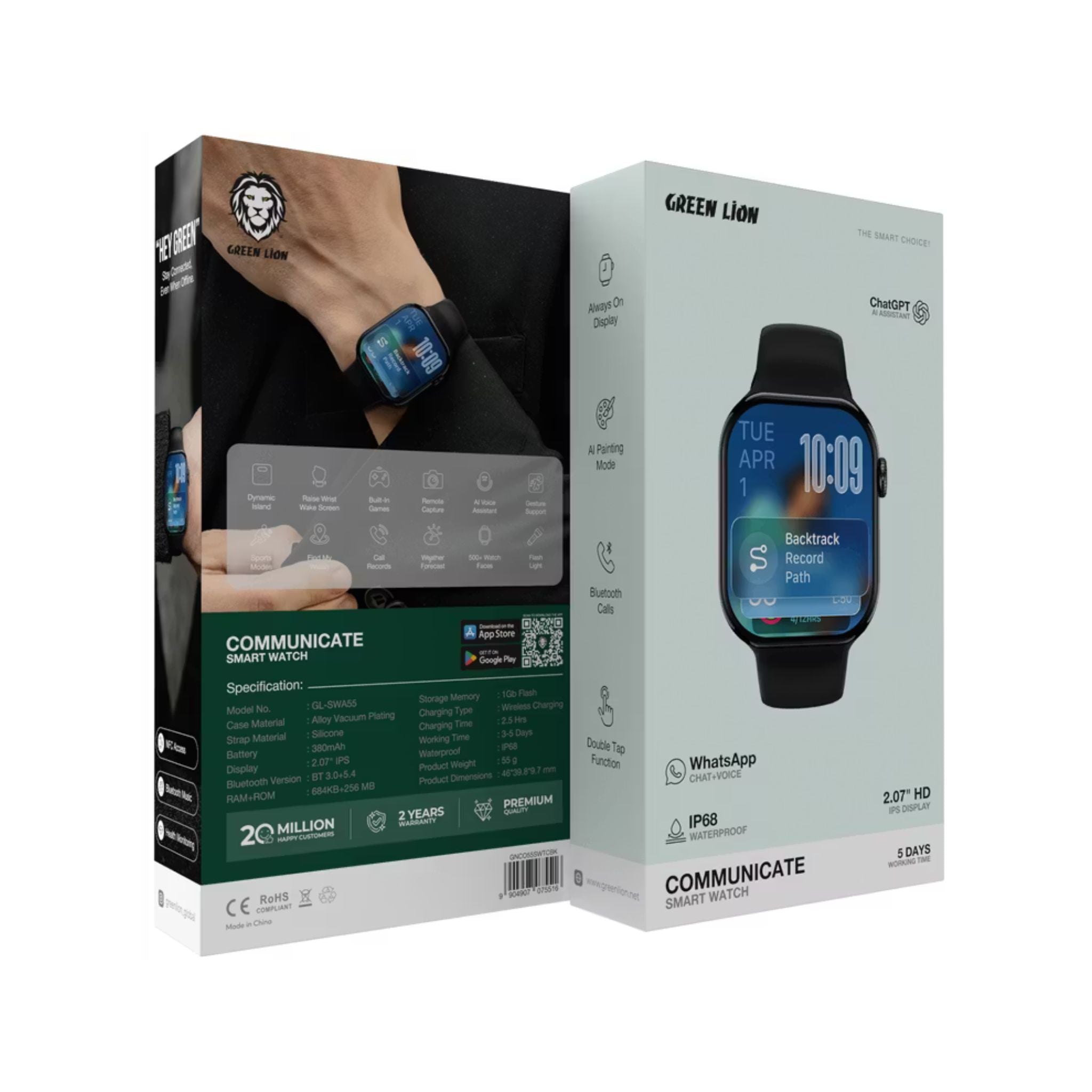 Green Lion Communicate Smart Watch with 2.07" IPS Dispaly, 380mAh Battery Capacity, Wireless Charging, AI Voice Assistant, 1GB Flash, 3-5 Days Working Time - Black