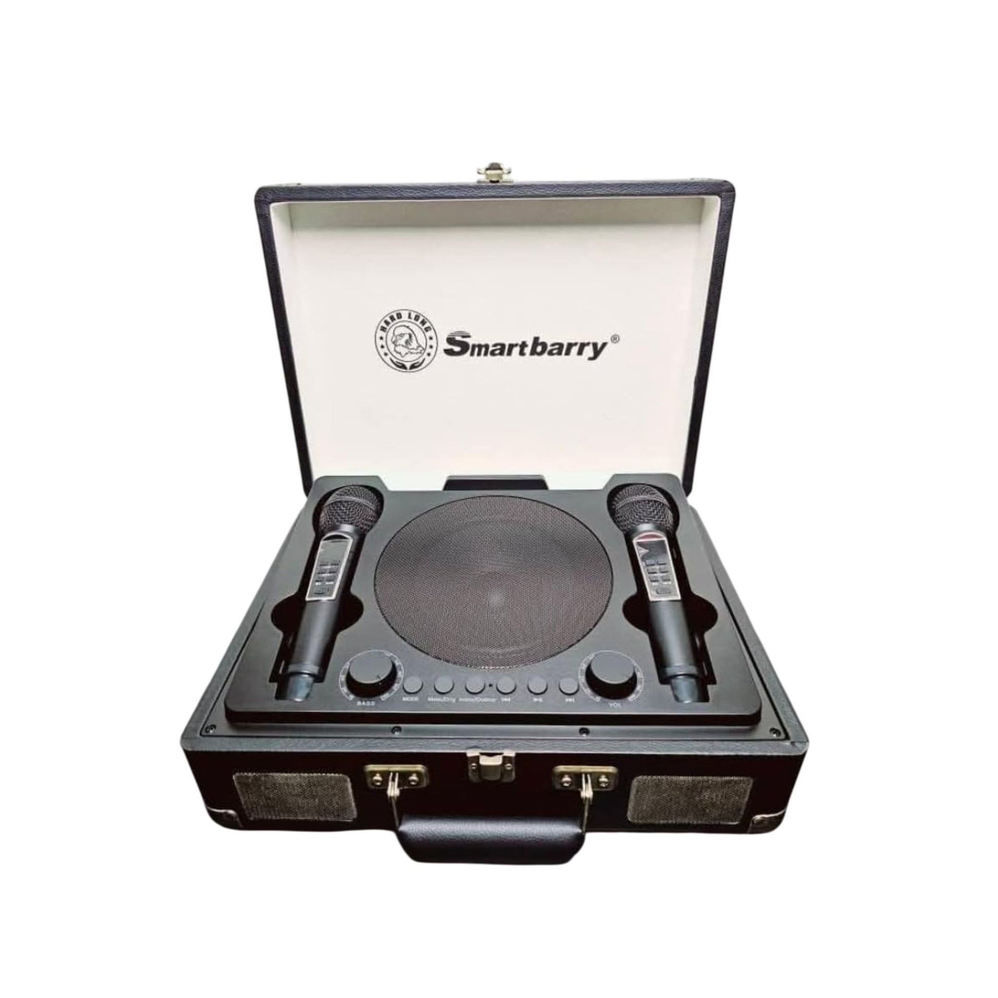 Black audio equipment set with two microphones and a speaker in an open case on a white background, featuring the Smartbarry brand.