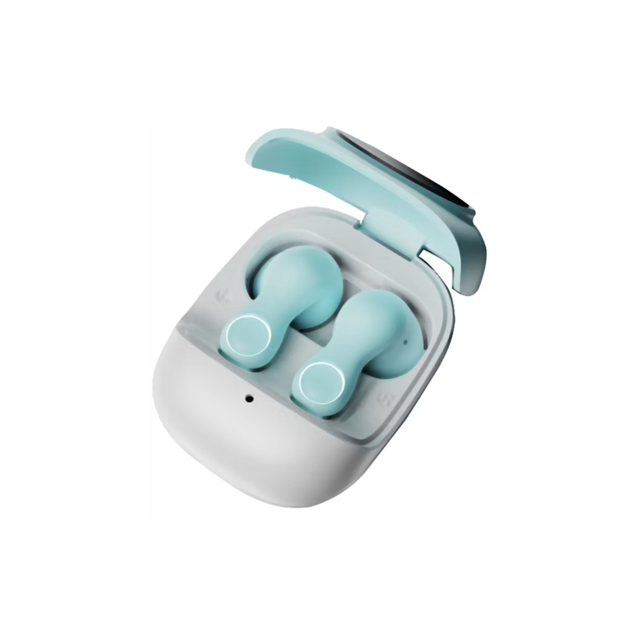 Turquoise wireless earbuds in a white charging case on a white background