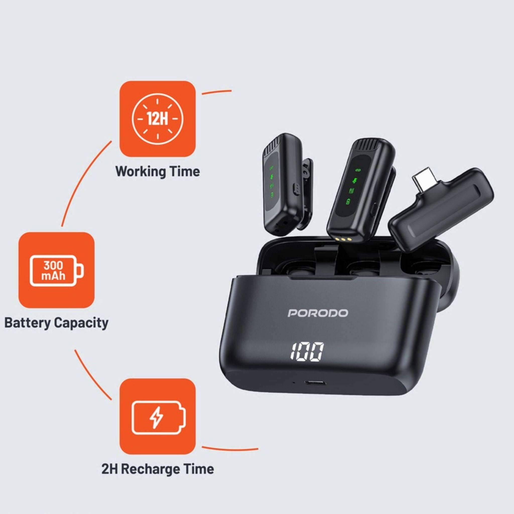 Porodo Lavalier Double Microphone with Charging Case, 4 Hours Working Time, 1 Hour Microphones Recharge Time, 300mAh Case Battery Capacity - Black
