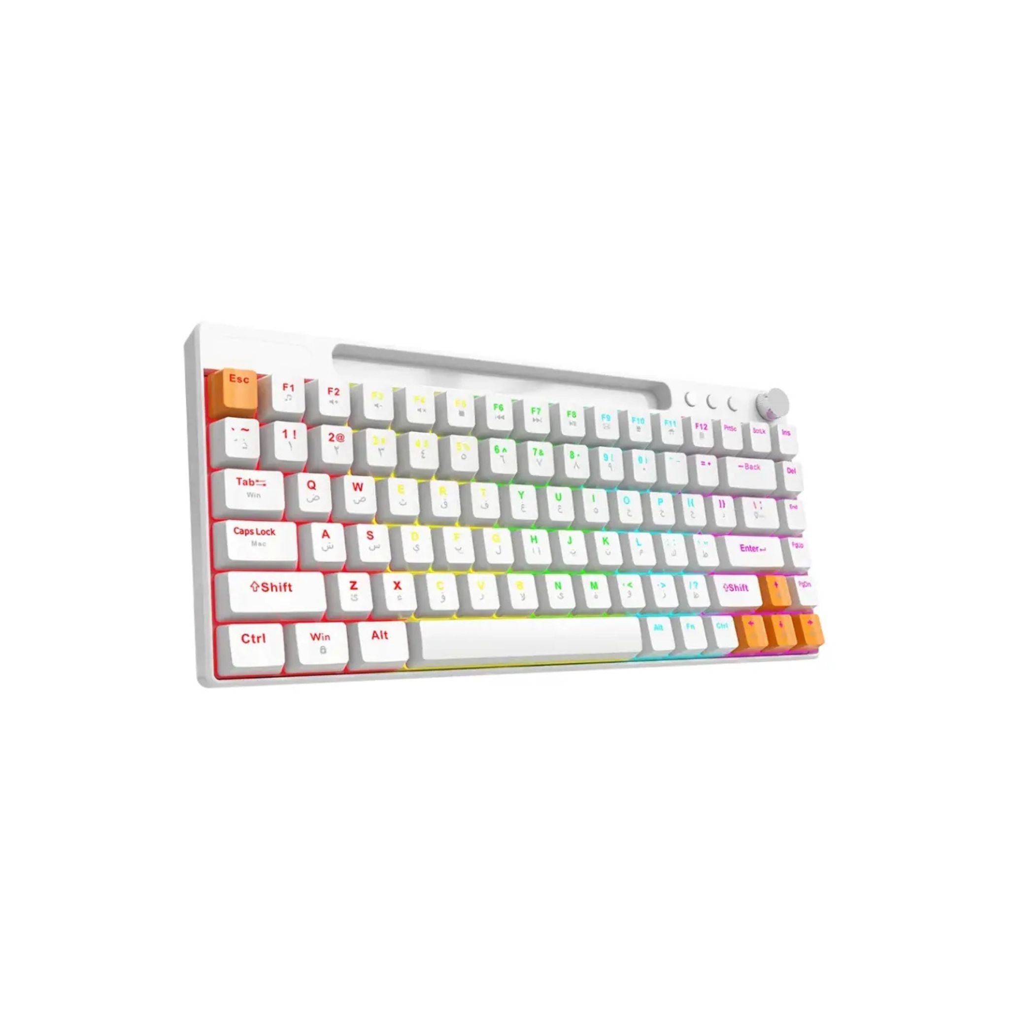 A white Porodo 84 Keys Mechanical Gaming Keyboard with blacklight modes, smooth clicks, and arabic keys. It features a volume/mute knob and is compatible with Mac & Windows.