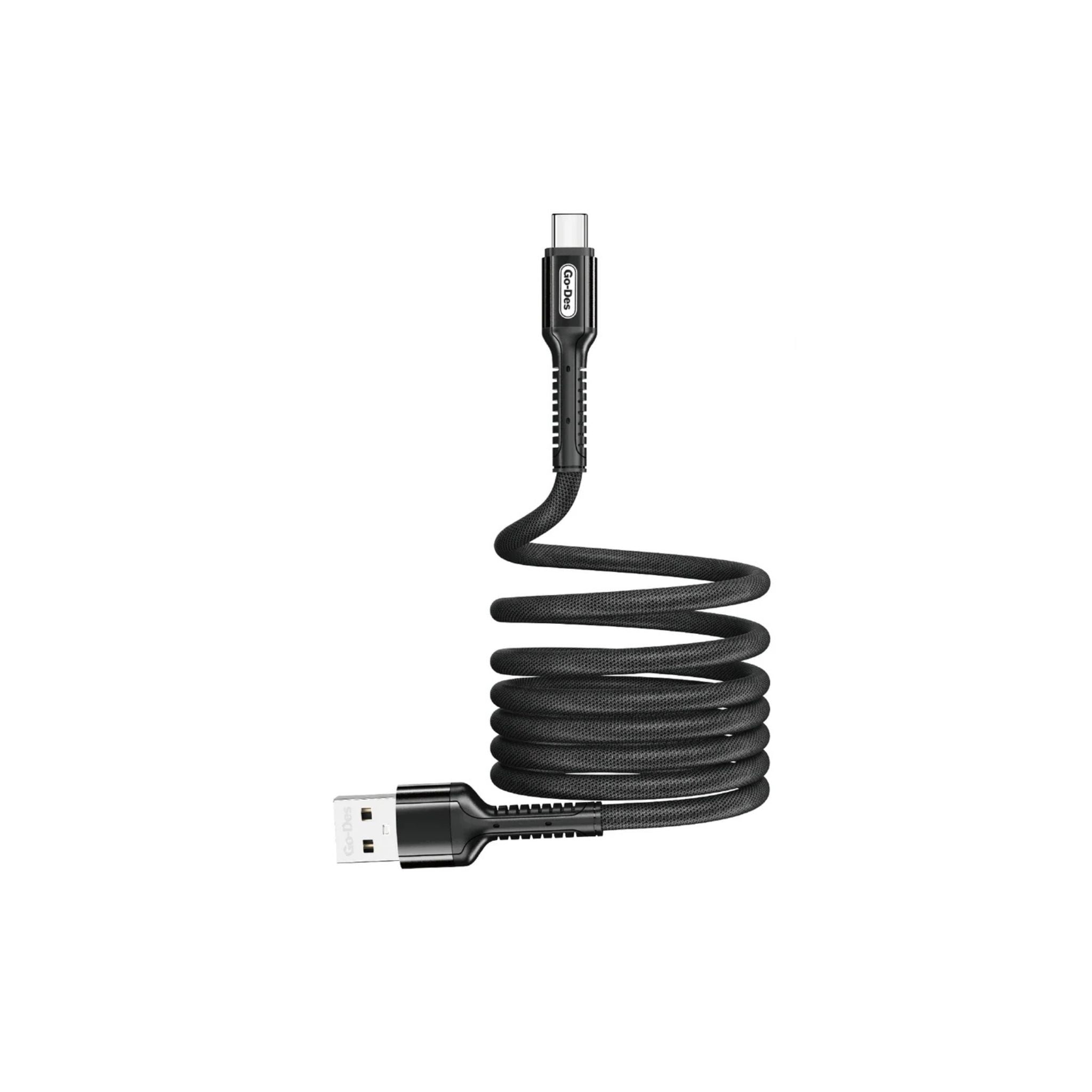Black USB cable coiled on a white background