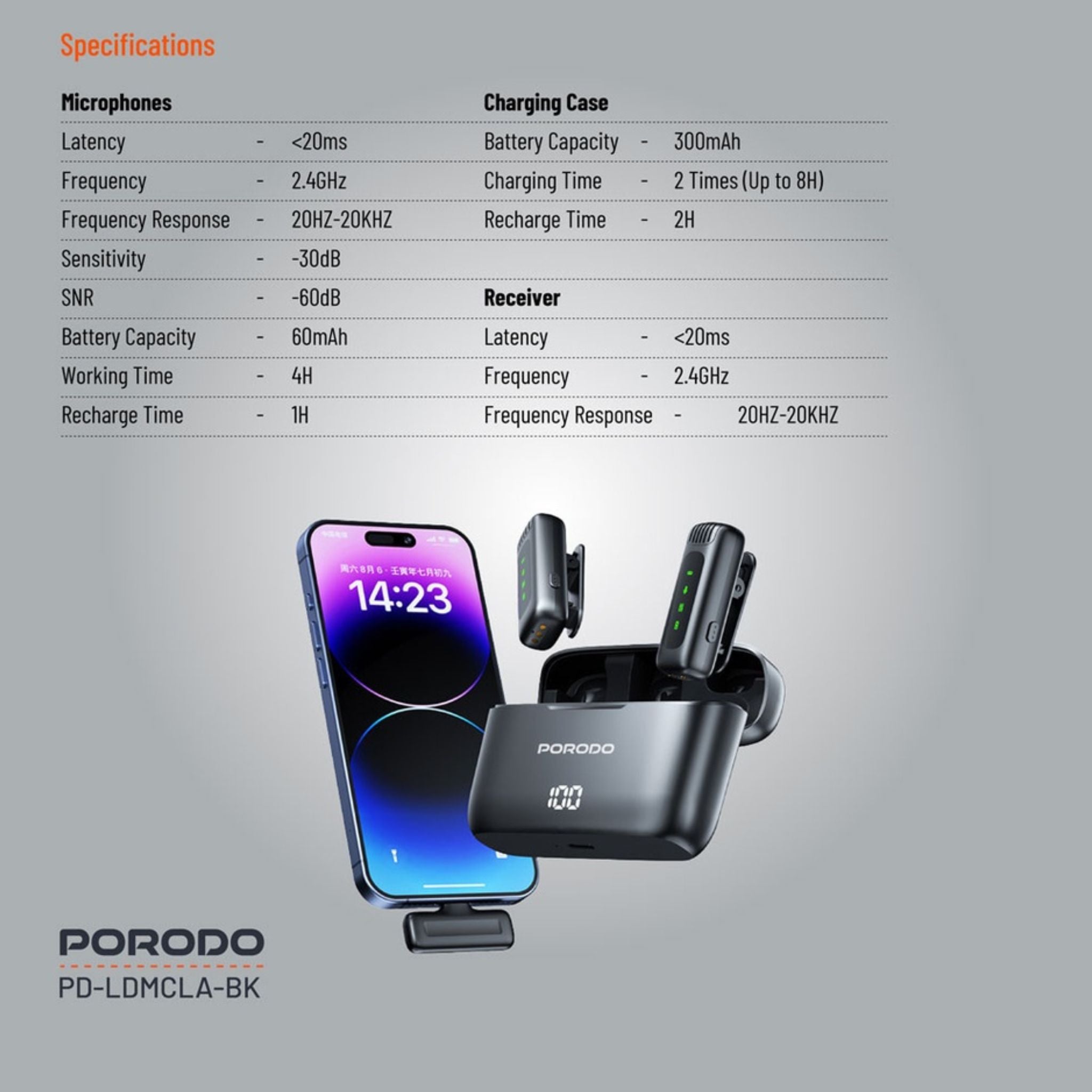 Porodo Lavalier Double Microphone with Charging Case, 4 Hours Working Time, 1 Hour Microphones Recharge Time, 300mAh Case Battery Capacity - Black