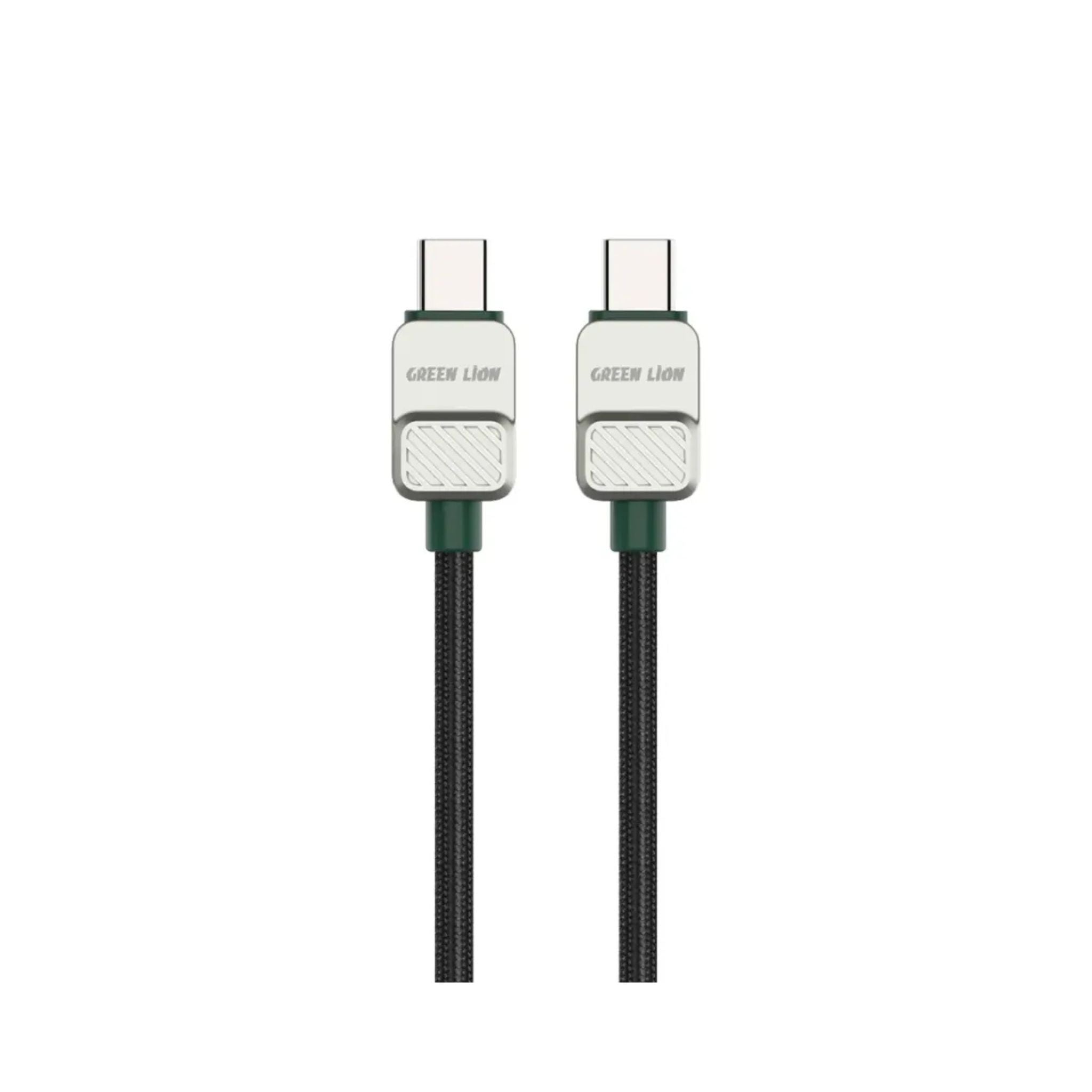 A black and green braided USB-C to USB-C cable by Green Lion, 1 meter in length.