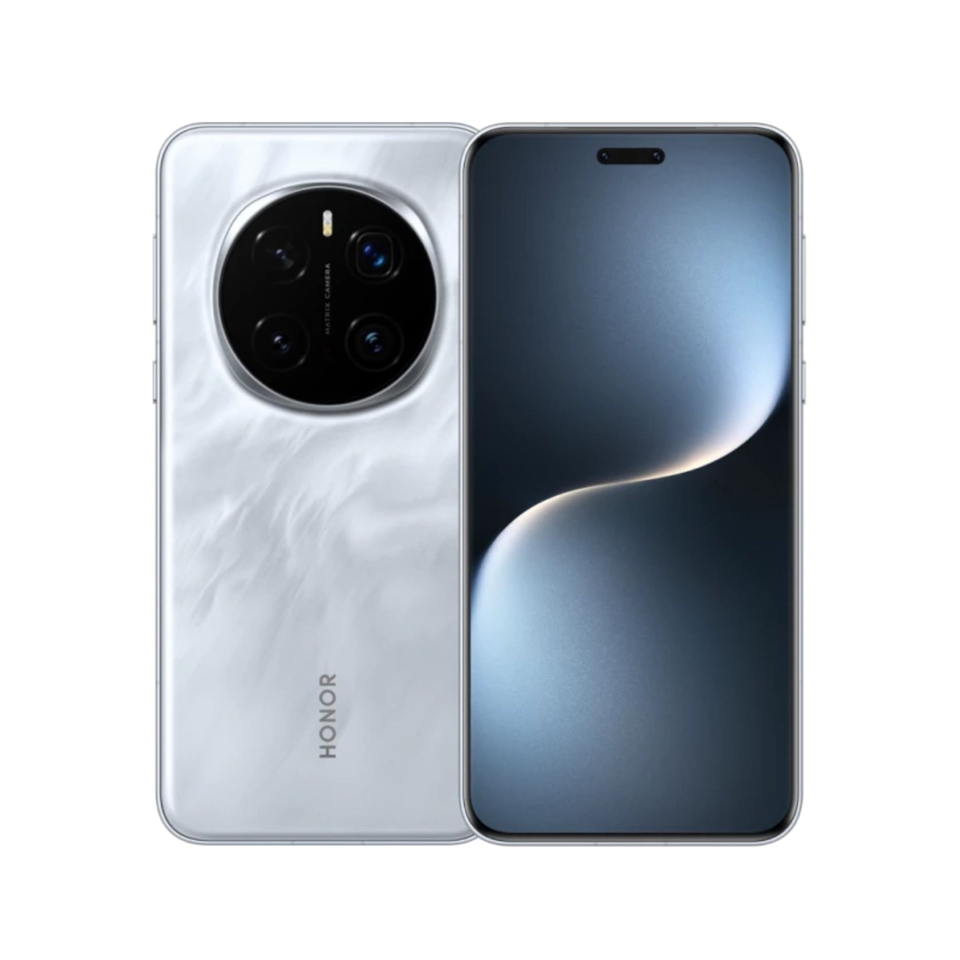 Honor smartphone showing front and back on a white background