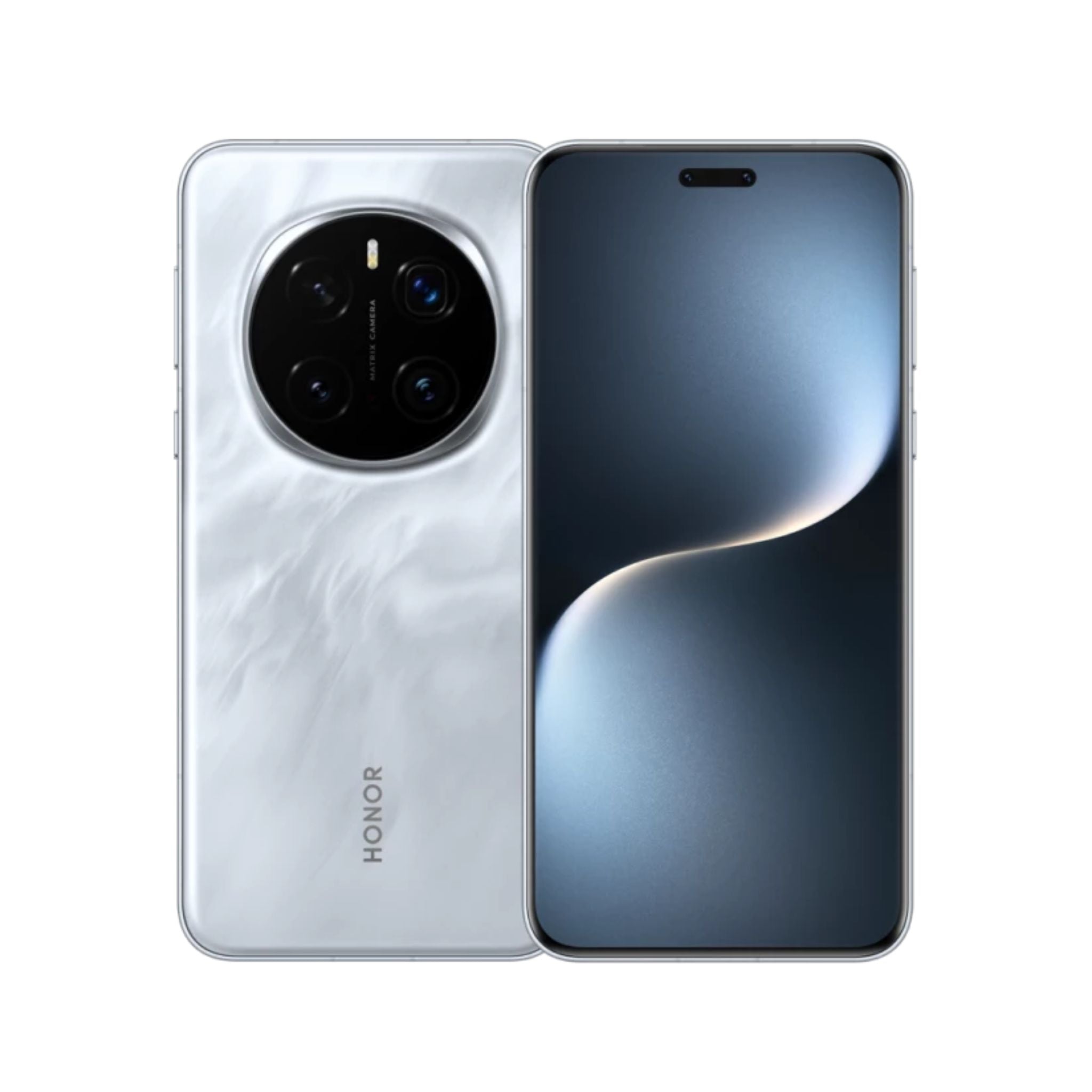 Honor smartphone showing front and back on a white background