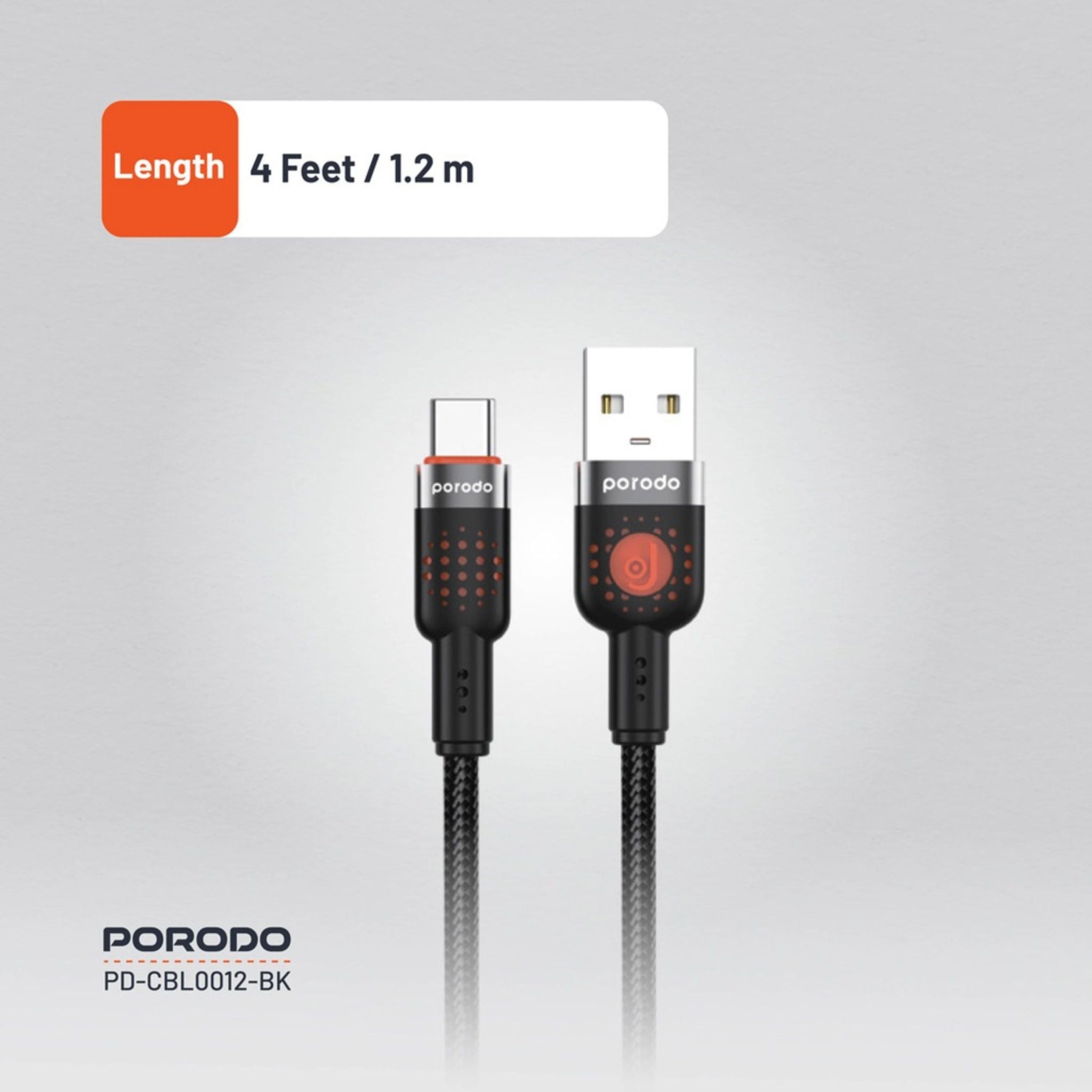 Porodo Braided USB-A to Type-C Cable with 480Mbps Transfer Speed, 1.2m Cable Length, More than 15,000 Bends Lifespan, Tangle-Free Design - Black