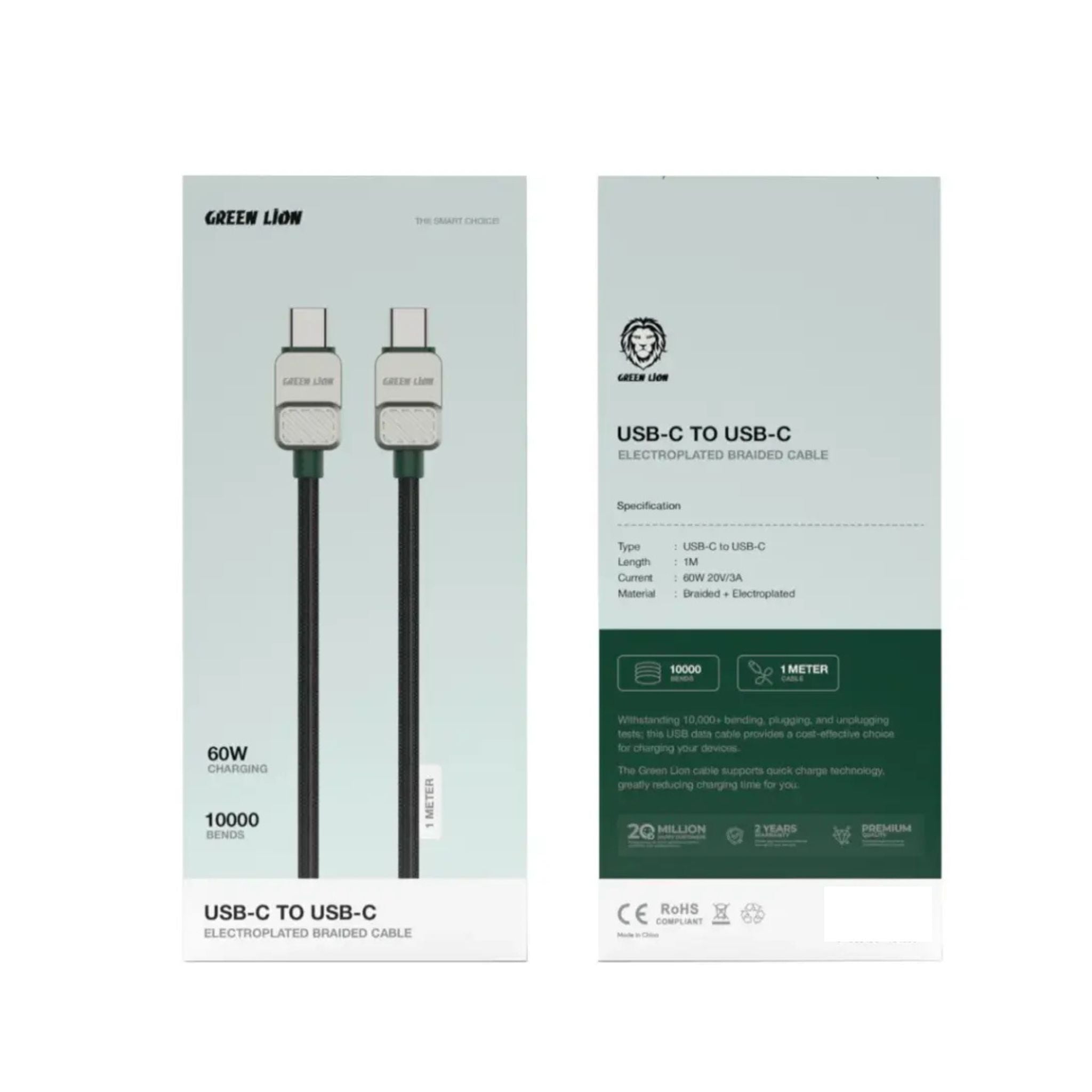 Green Lion USB-C to USB-C Electroplated Cable with 60W Current, 1m Cable Length, Braided Outer Material, 480Mbps Transfer Speed, 10,000 Bends Lifespan - Black / Green