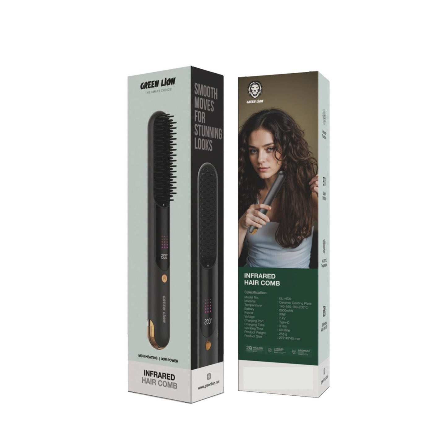 Green Lion Infrared Hair Comb with Digital Display, 50 Minutes Working Time, Adjustable Temperature Settings Up to 200°C, 2600mAh Battery, Infrared Function - Black