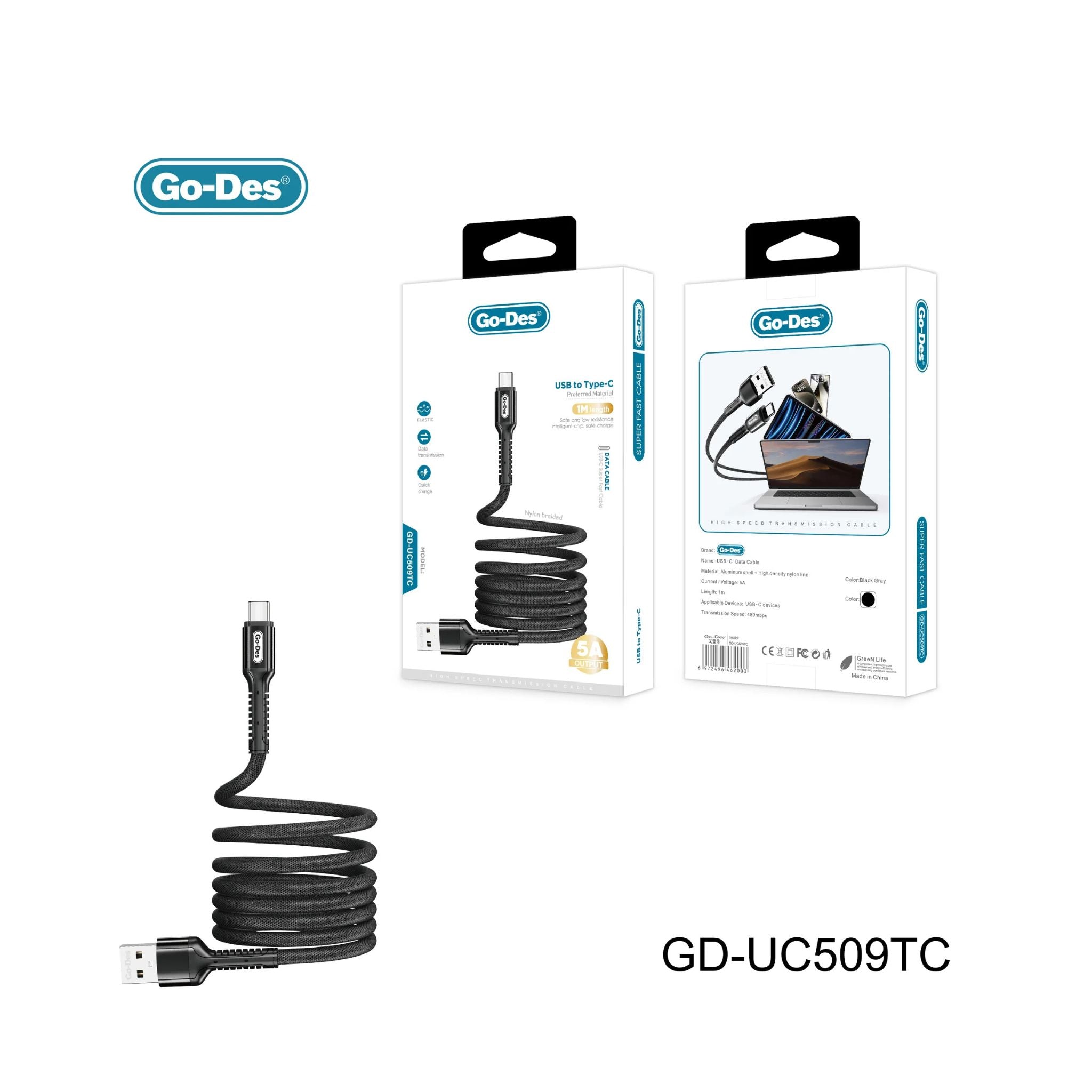 Go-Des USB To C-Type Superfast Charging Data cable Nylon Braided Wire Compatible With Samsung Huawei 1M Length Black