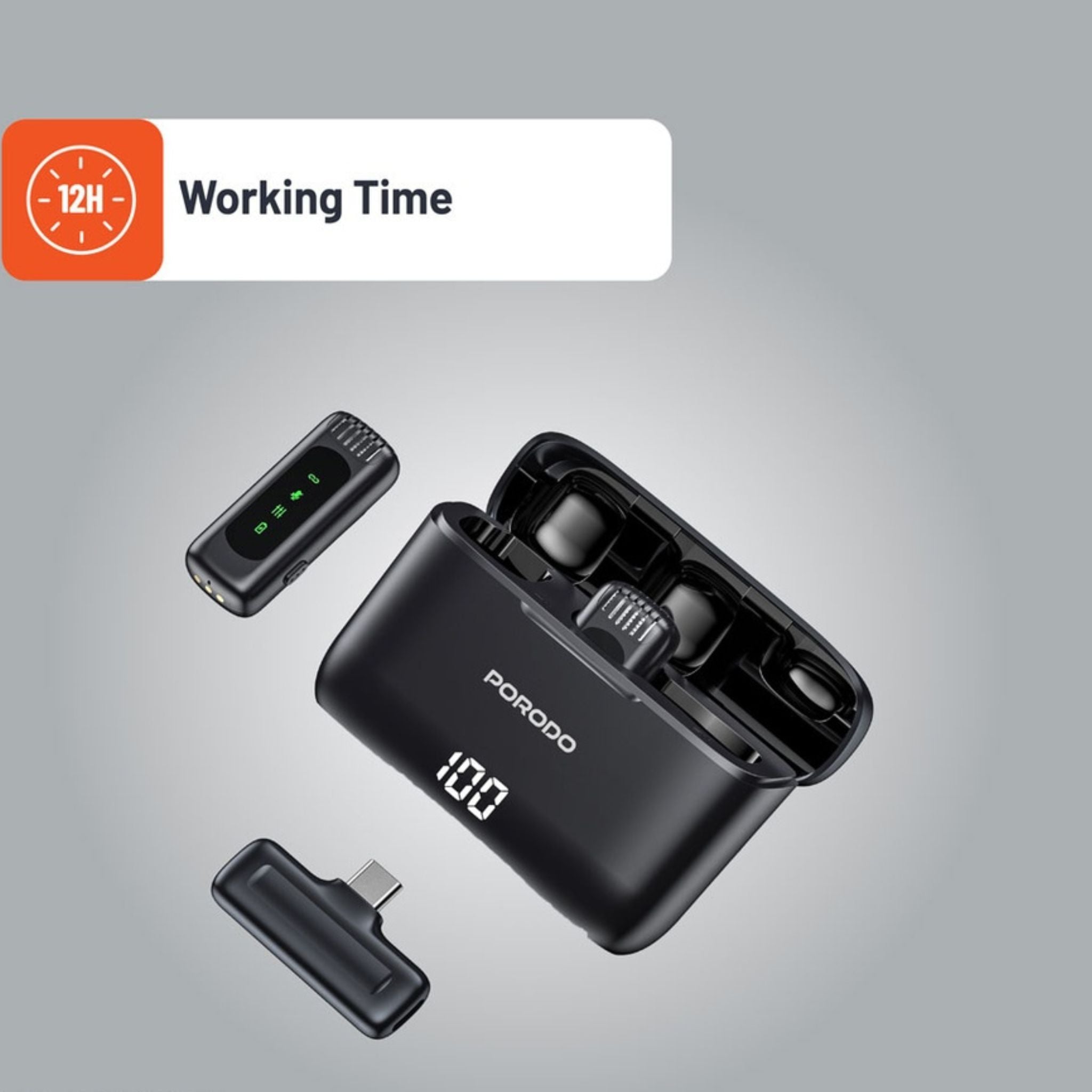 Porodo Lavalier Double Microphone with Charging Case, 4 Hours Working Time, 1 Hour Microphones Recharge Time, 300mAh Case Battery Capacity - Black